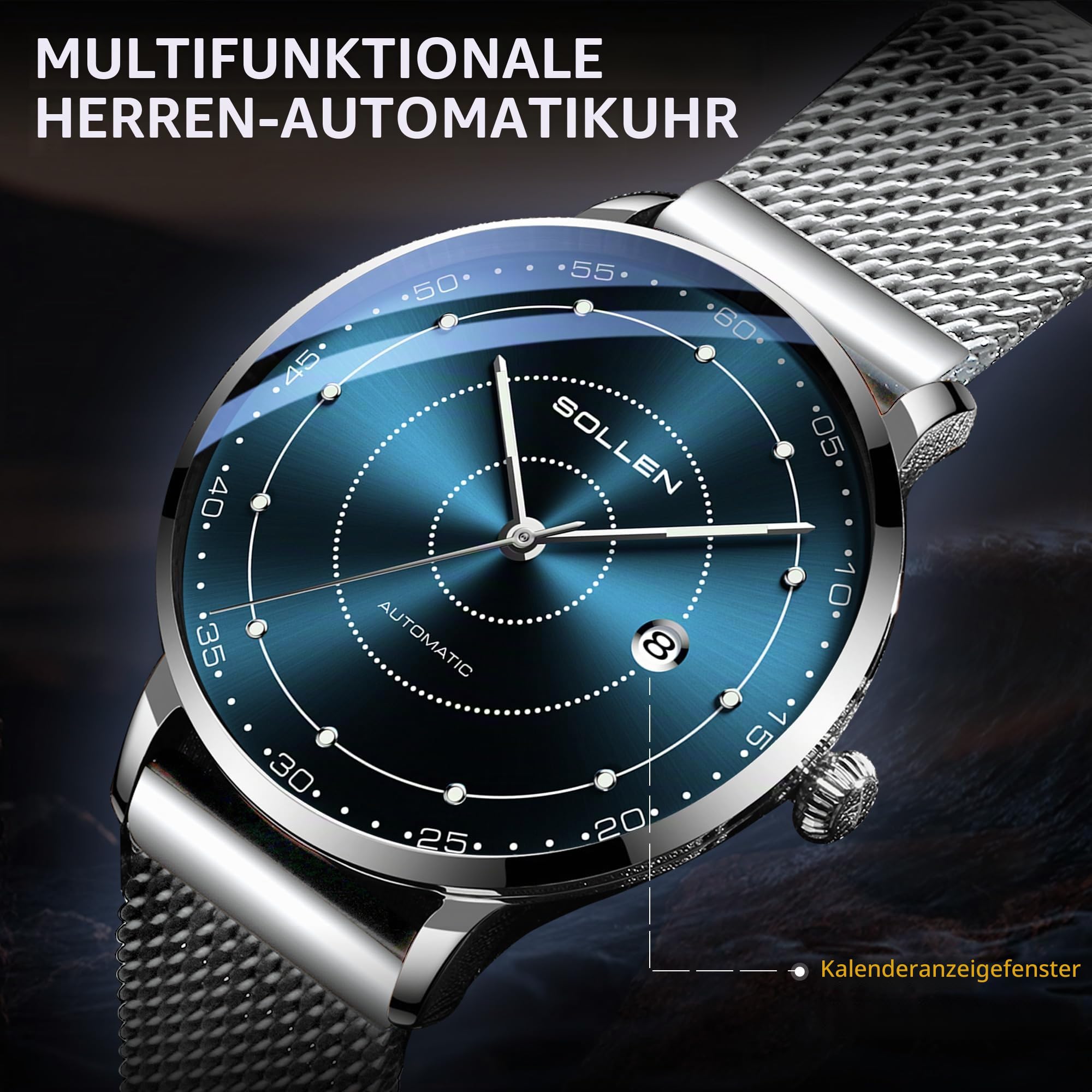 SOLLEN Mechanische Armbanduhren Herren,Klassische Minimalistische Herrenuhren Luxus,Wasserdicht Leuchtend Selbstaufzug Business Automatische Herrenuhr mit Kalendar,Automatikuhr als Geschenk für Männer