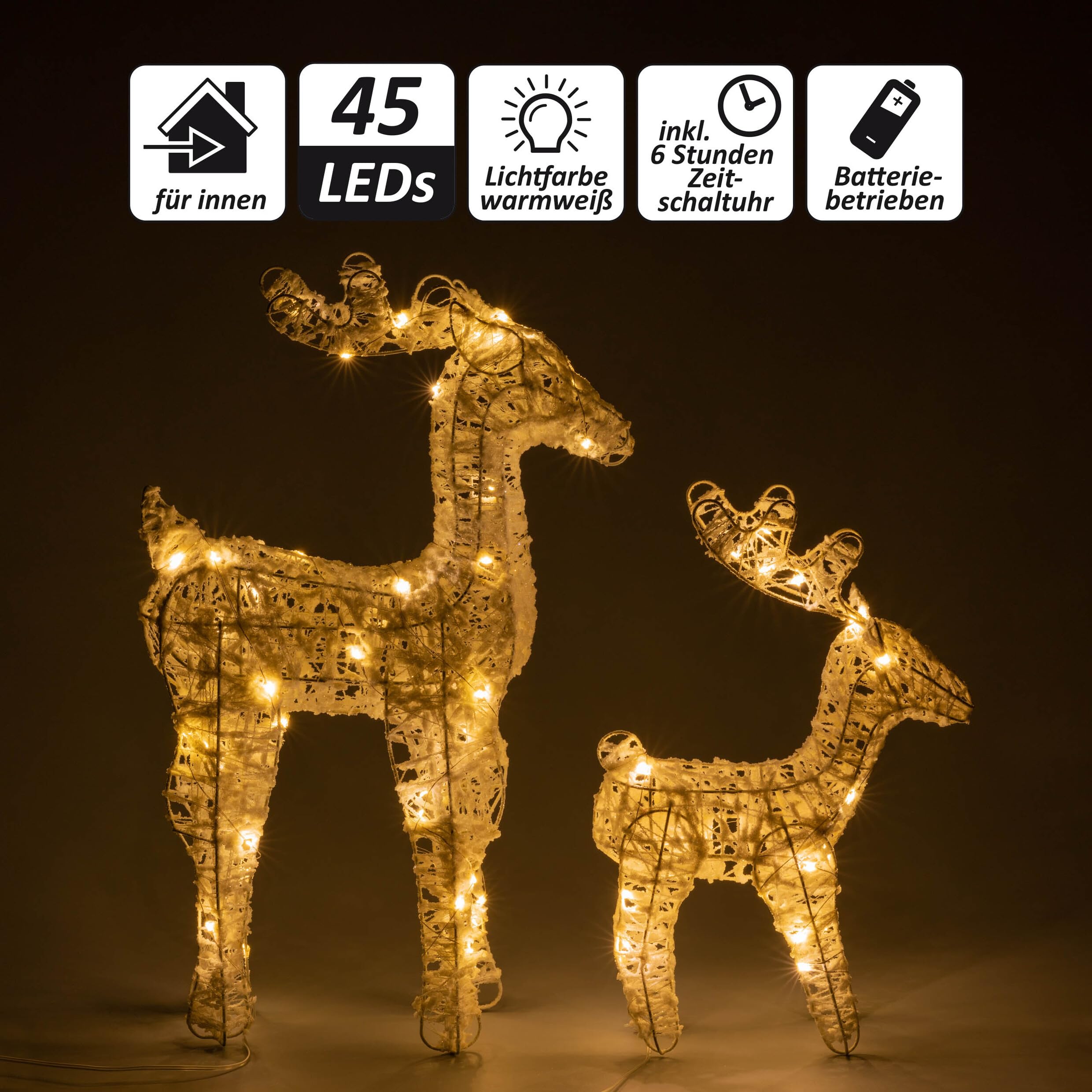 2er Set Glitzer Rentiere 45 LED Batterie Timer Weihnachten 2 Figuren Xmas-Deko Leucht-Elch Weihnachtsdeko Weihnachtsbeleuchtung