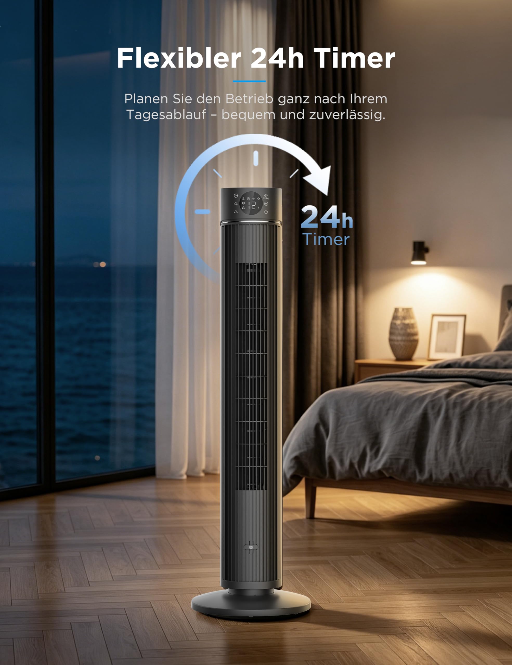 Midea FZ10-26ARDW Smart Turmventilator, 19 dB flüsterleise, DC-Motor, 4 Modi & 12 Stufen, 24h Timer, App-Steuerung, Schwarz, 105cm