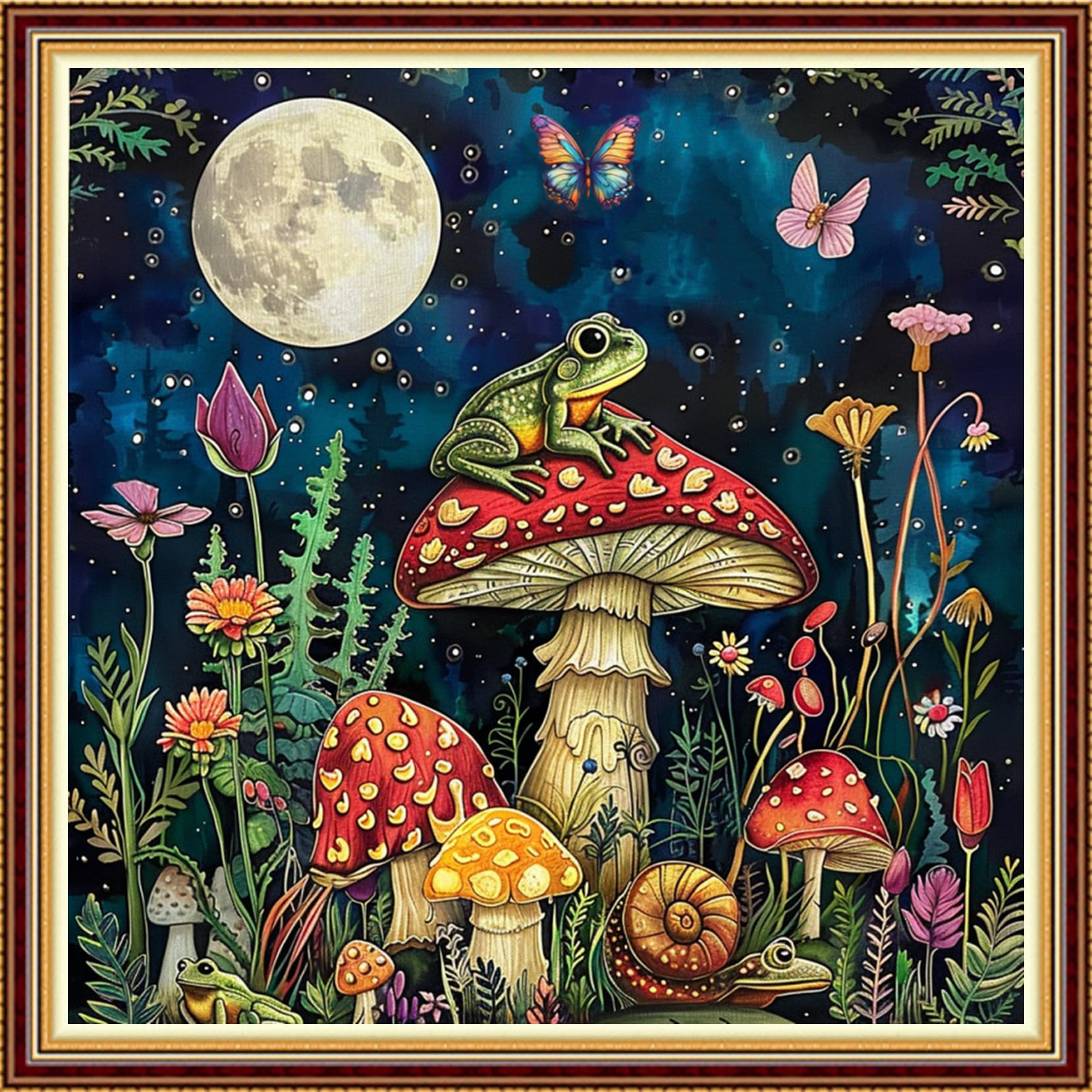 Fanxvivy Stamped Counted Cross Stitch Kits for Adults Printed Cross-Stitch Patterns 11CT Stamped or Counted Cross Stitching Embroidery Kit Needlepoint Kits-Moonlit Frog 18x18 inch