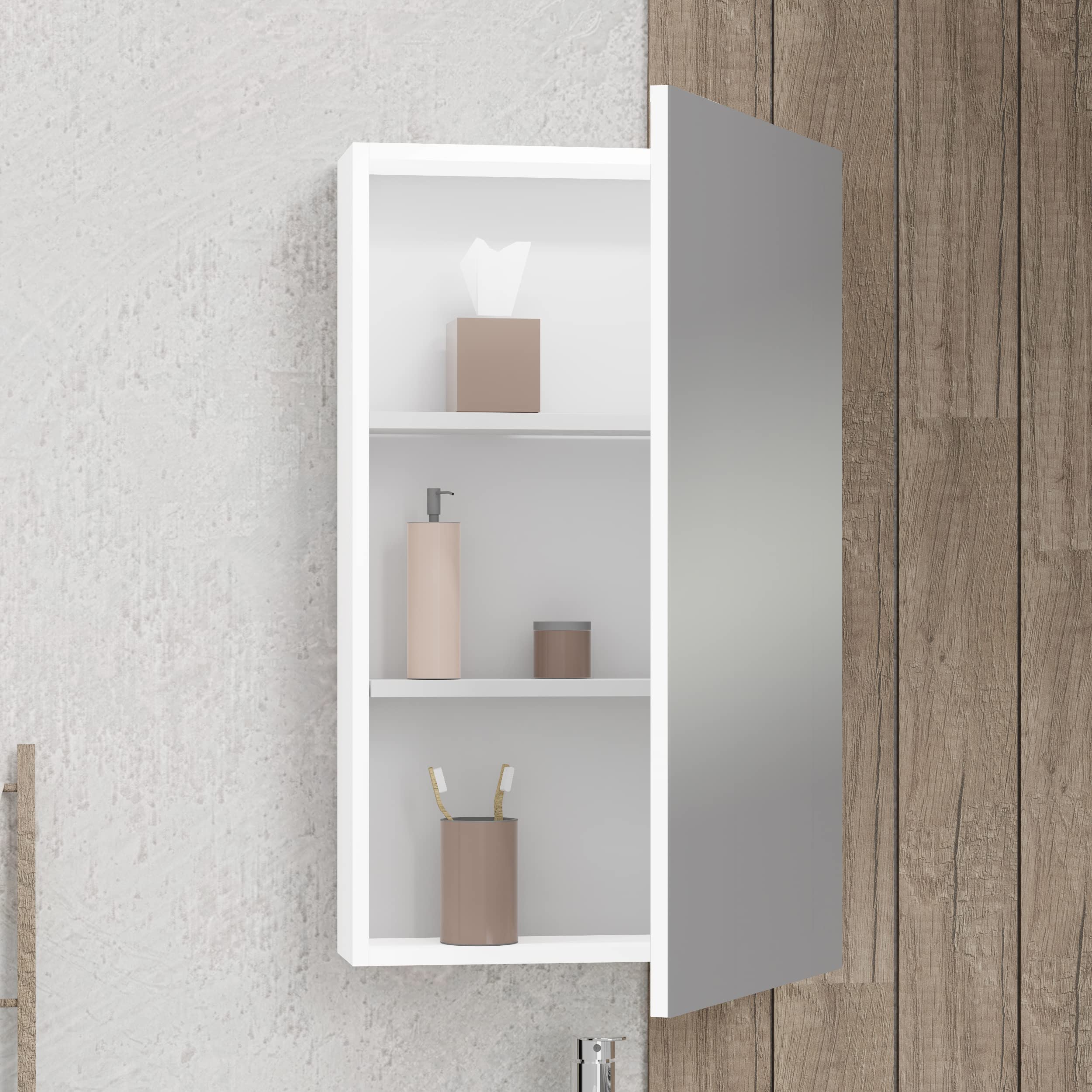 Baikal Mueble Camerino con Espejo, Armario Auxiliar de Baño Multiusos, Opción con o sin Luz LED. Mueble de Pared de fácil colocación. Armario MONTADO. Acabado Blanco. Camerino 48 cm