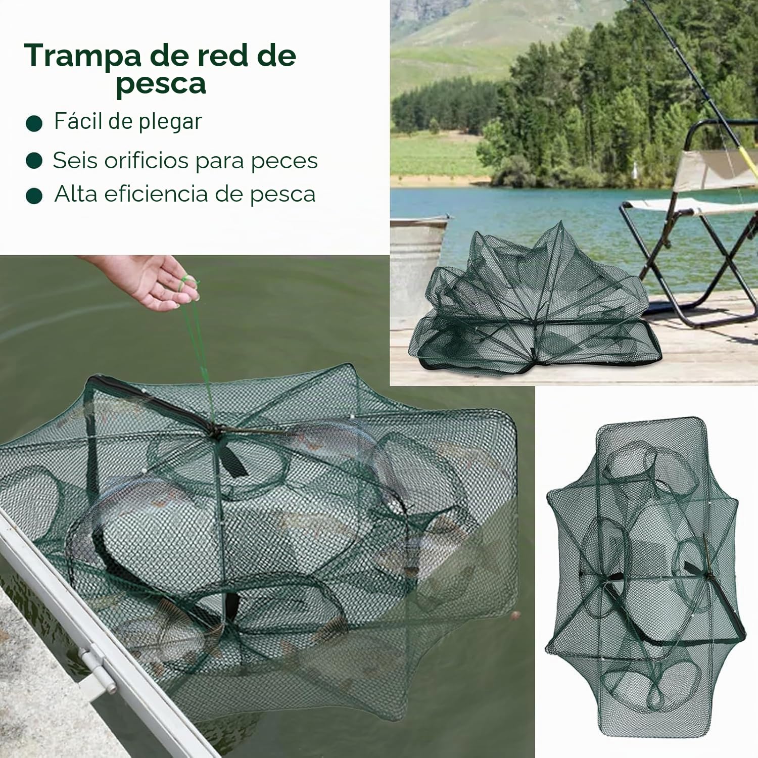 Red de Pesca Plegable Cremallera 6 Agujeros Automática Nailon Trampa Peces Cangrejo