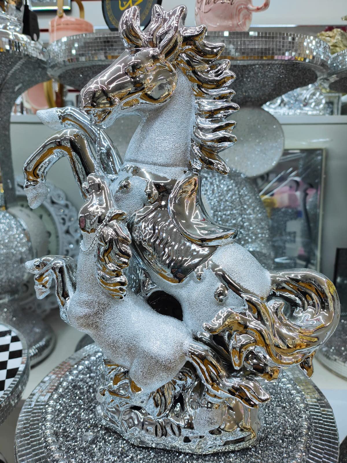 Biznest Silver Chrome Glitter Horse With Baby Horse Crystal Ornament Statue Shelf Décor