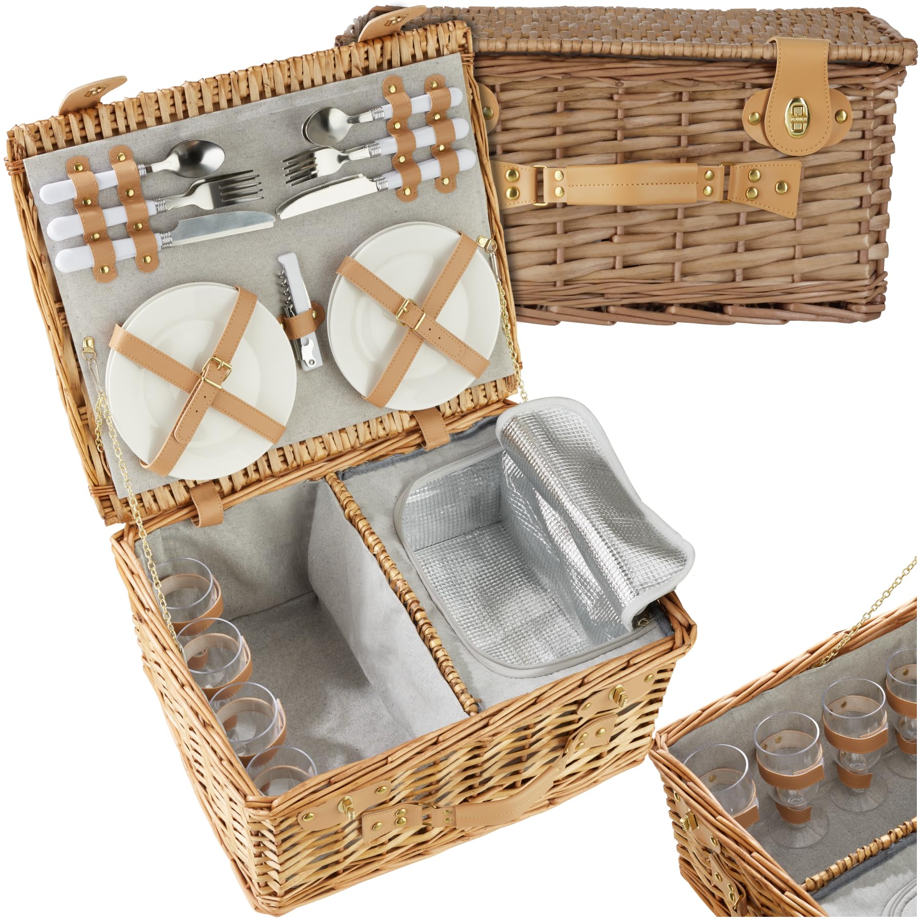 tectake® Picknickkorb 4 Personen, inkl. Kühlfach, befüllter Picnic Basket Weidenkorb für Ausflug, Camping, Dinner Date, Picknickkorb mit Deckel, als Geschenkkorb, Rotkäppchen Korb - Föhr