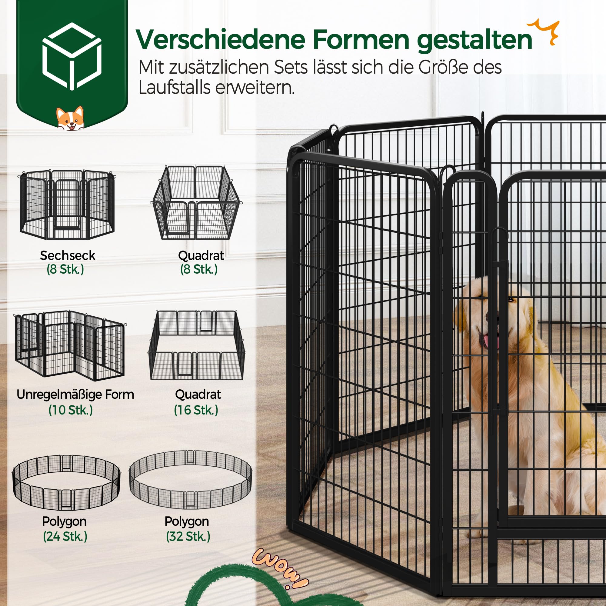 Yaheetech Welpenlaufstall 8-teilig 100cm hoch, Welpenauslauf mit Einteilige Verriegelung, Hundelaufstall mit Tragetasche & Befestigungsgurte, ideal für Hunde Wohnung & Garten, Einfache Montage