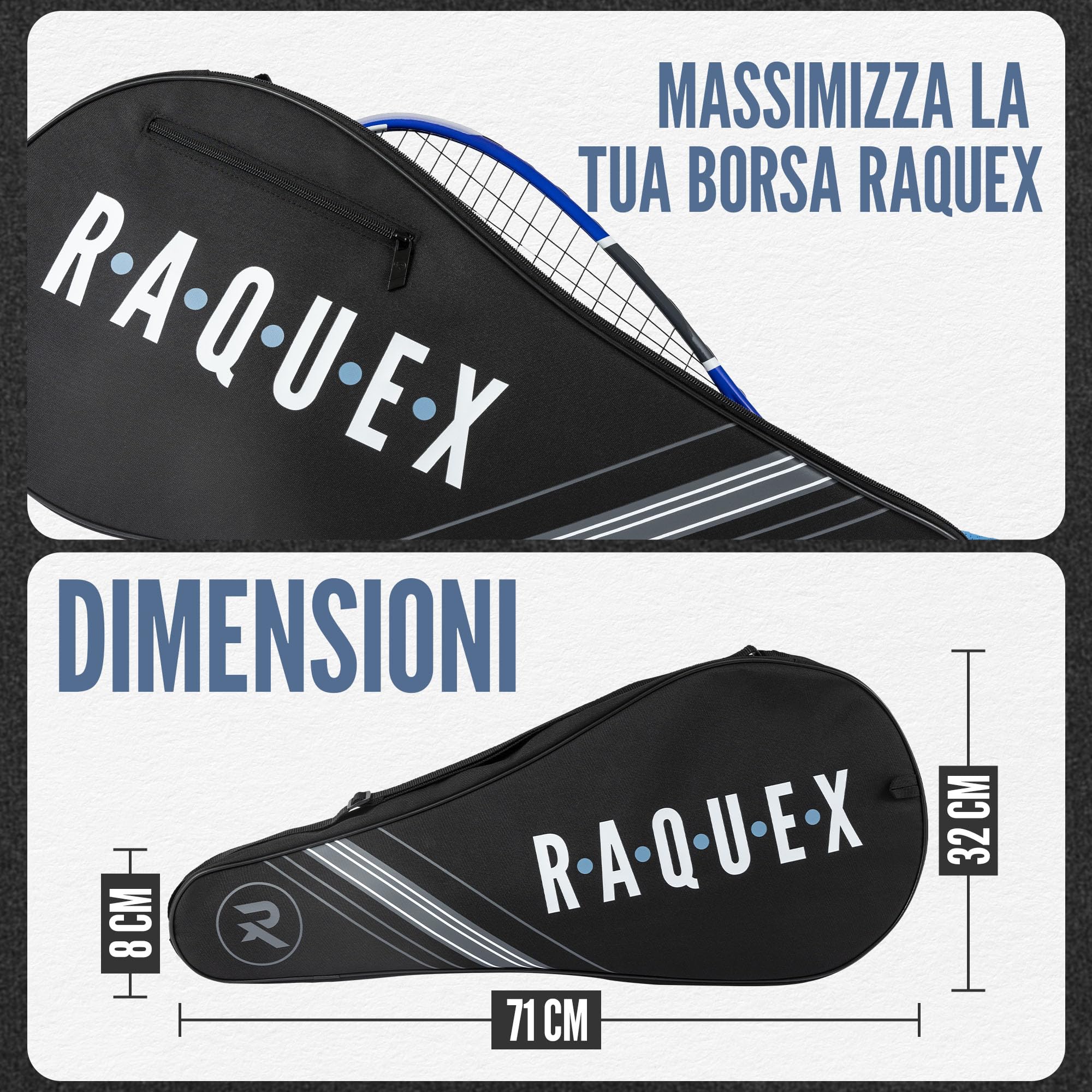 Raquex Borsa per racchette da tennis, blu o nero, borsa per racchette da tennis, squash e badminton, per 2 racchette e accessori, con tracolla