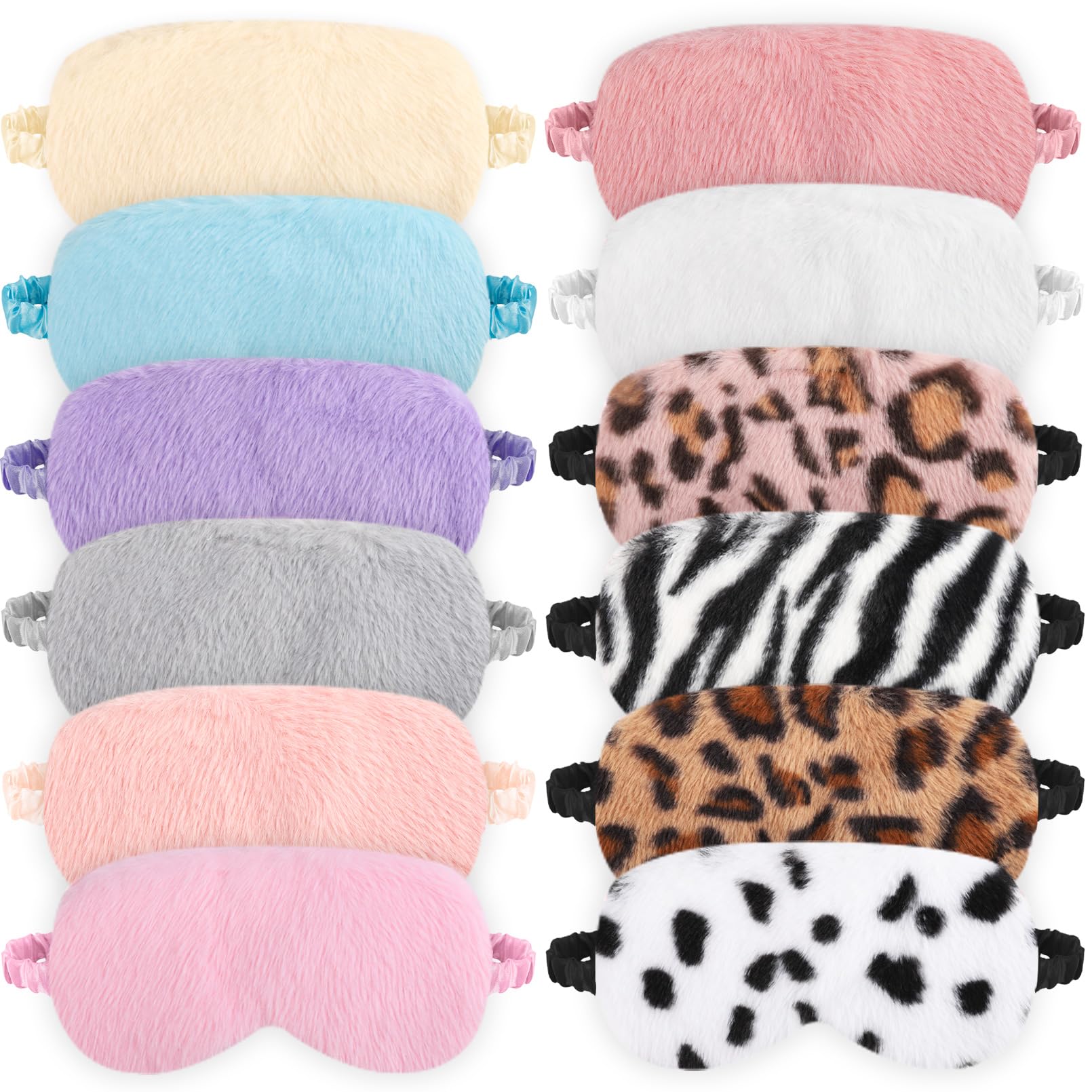 Yihurlm 12 Pcs Plush Eye Mask,Soft Sleeping Blindfold,Furry Sleep Masks,Plush Sleeping Mask with Elastic Strap & Satin Back,Faux Fur Eye Covers Night Eyeshade for Girls Women Sleep Travel Nap Sleeping