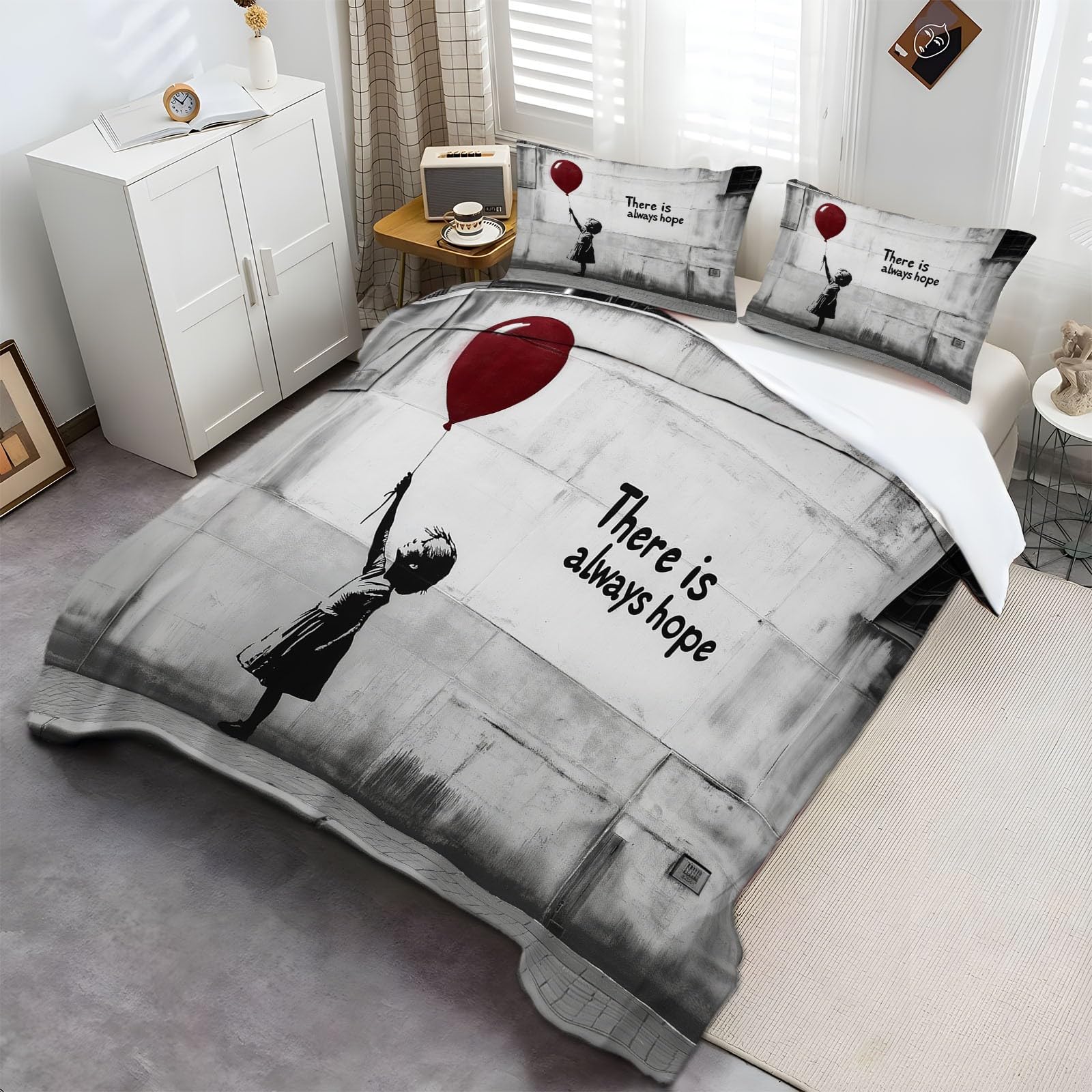 Arte Callejero Funda Nórdica 150 x 200 cm Funda Edredon La Niña Sostiene Un Globo Rojo Diseño para Dormitorio de los niños, Cama Individual Cama 90, + 2 Fundas de Almohada