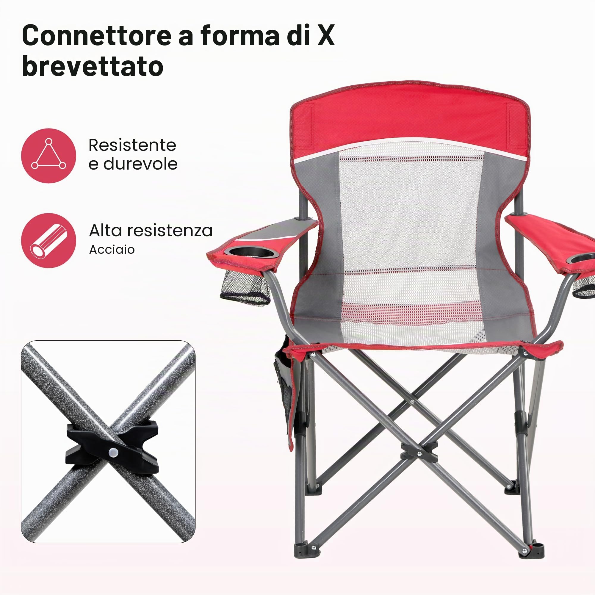 HIGH POINT SPORTS Sedia Pieghevole da Campeggio con Schienale in Rete Rosso Sedie Pieghevoli da Esterno Sedia da Campeggio Sedia da Pesca 160KG