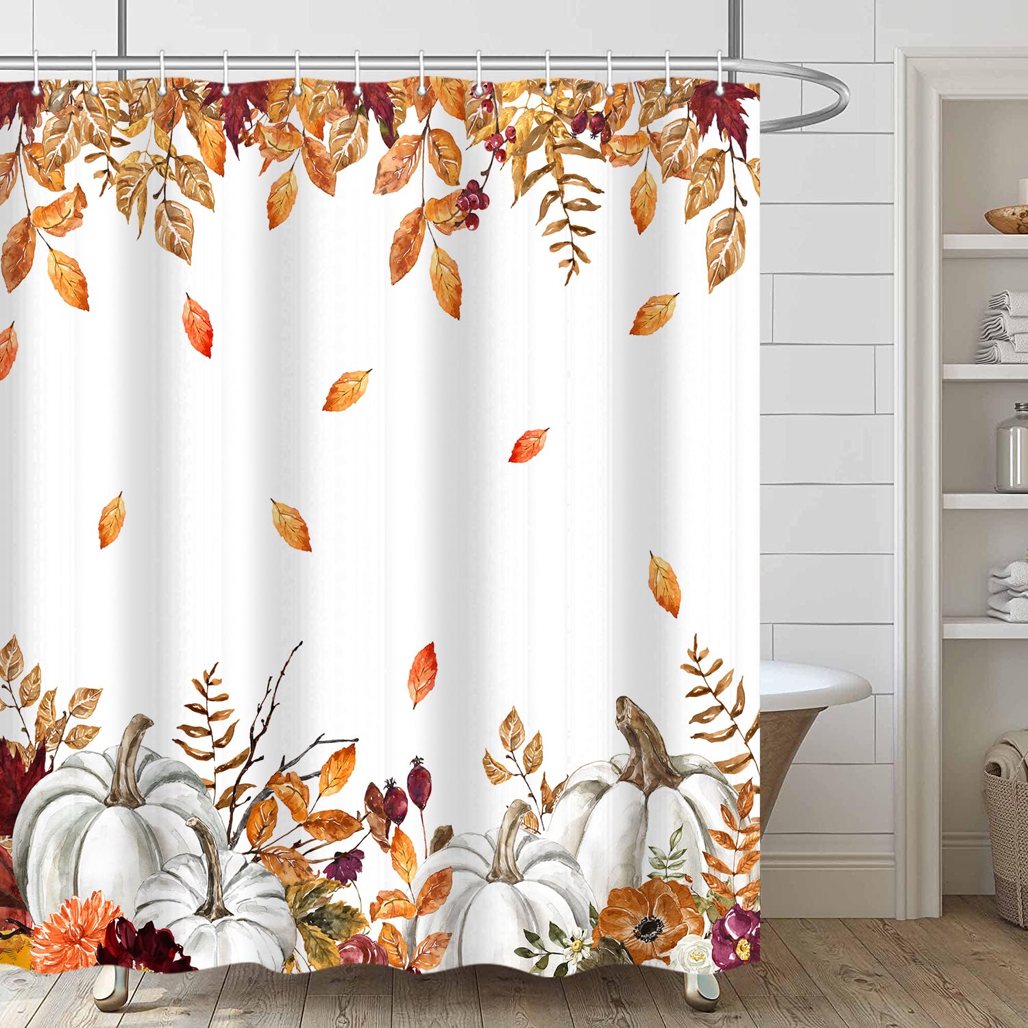 iTapnoom Fall Pumpkins Maple Leaf Shower Curtain, Autumn Leaves Harvest Thanksgiving Farmhouse Watercolor Seasonal Bathroom Curtain Sets, Waterproof Fabric Polyester with Hooks, 72x72 White