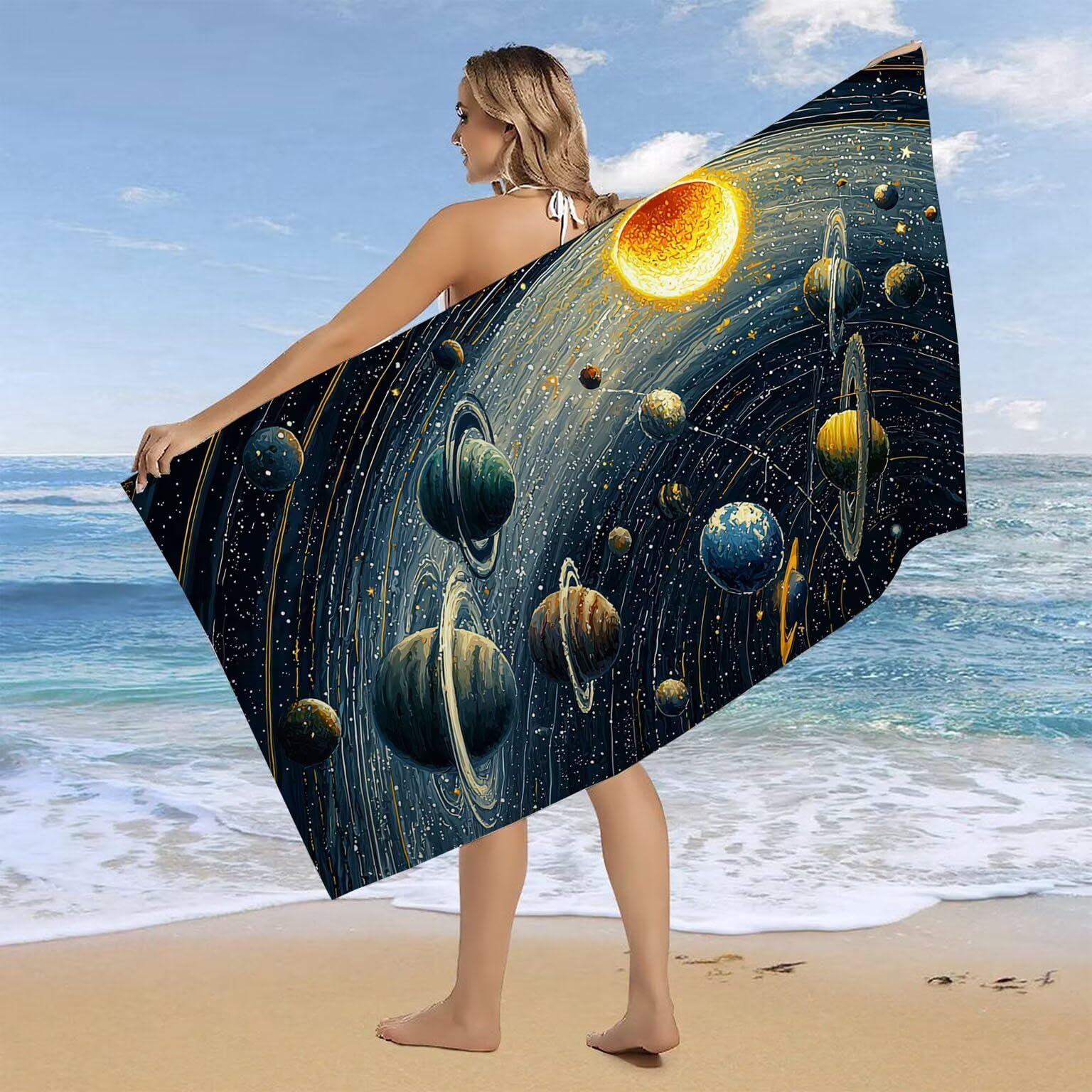 Toalla Playa XXL 220 x 100 cm, 2PCS Toalla Playa Grande - Toalla Microfibra De Secado Rápido y Sin Arena, Verano Manta de Playa Mujer Playas Accesorios para Gimnasio Baño Regalo (Universo planeta) O24