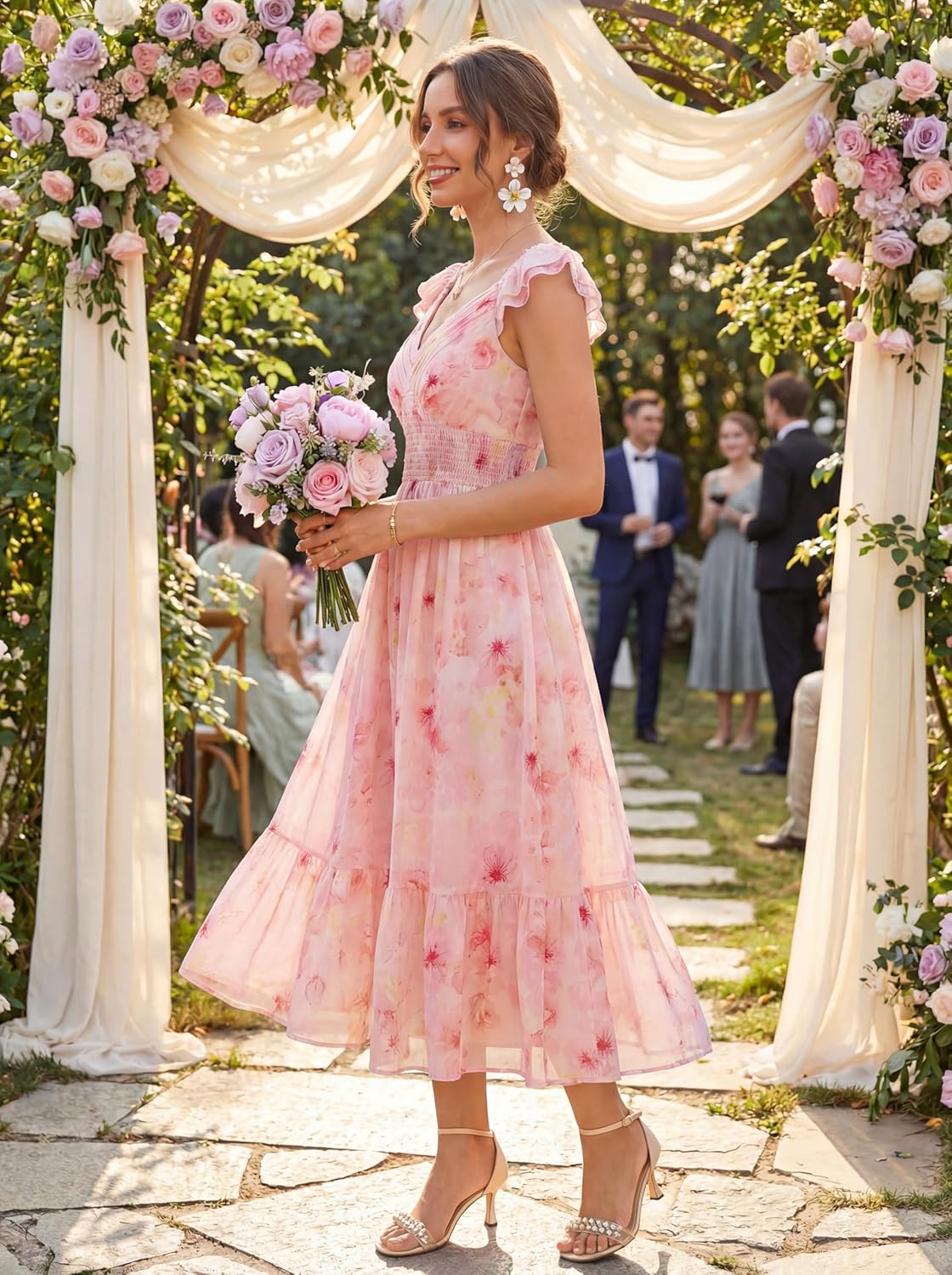 GRACE KARIN Women's Summer Floral Maxi Dress 2026 Ruffle Sleeve Smocked Sundress Flowy Wedding Guest Long Dresses with Pocket