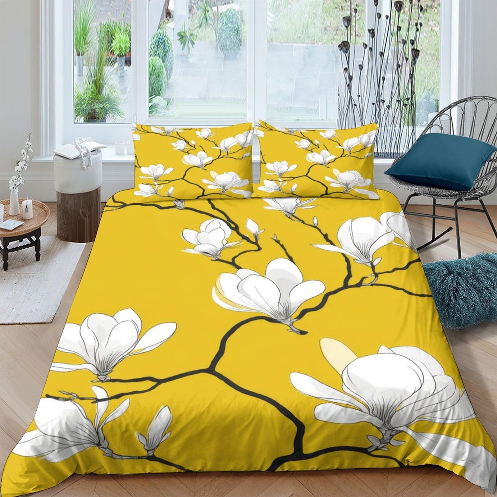 Ctjqhvkz Style-10 3D Printed Magnolia Blossom Fitted Sheet Microfiber Yellow Floral Mattress Cover For Bedroom Guestroom Protection Decor Single（135X200cm）