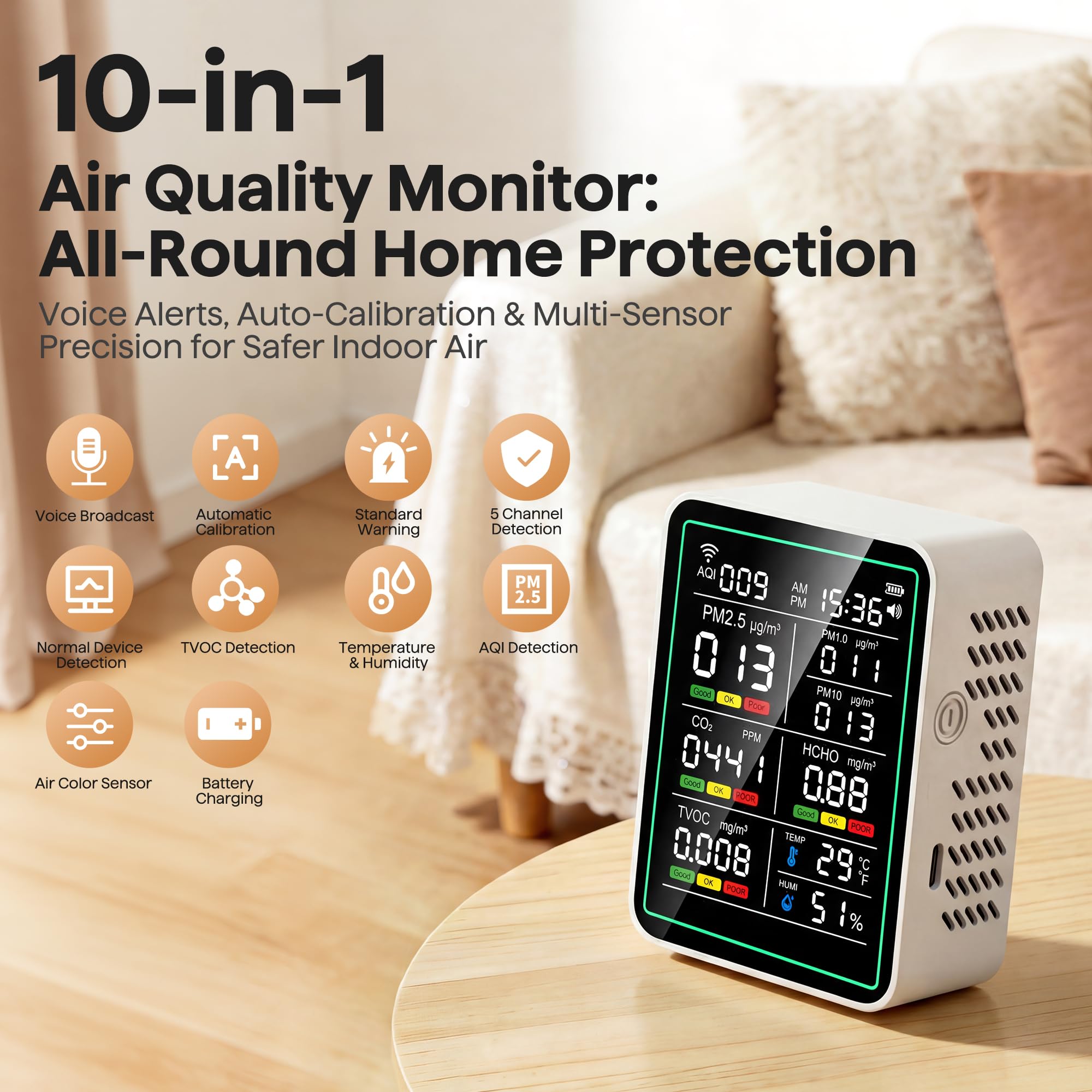 Amazon.com: Air Quality Monitor Indoor, 10-in-1 Portable Smart Air