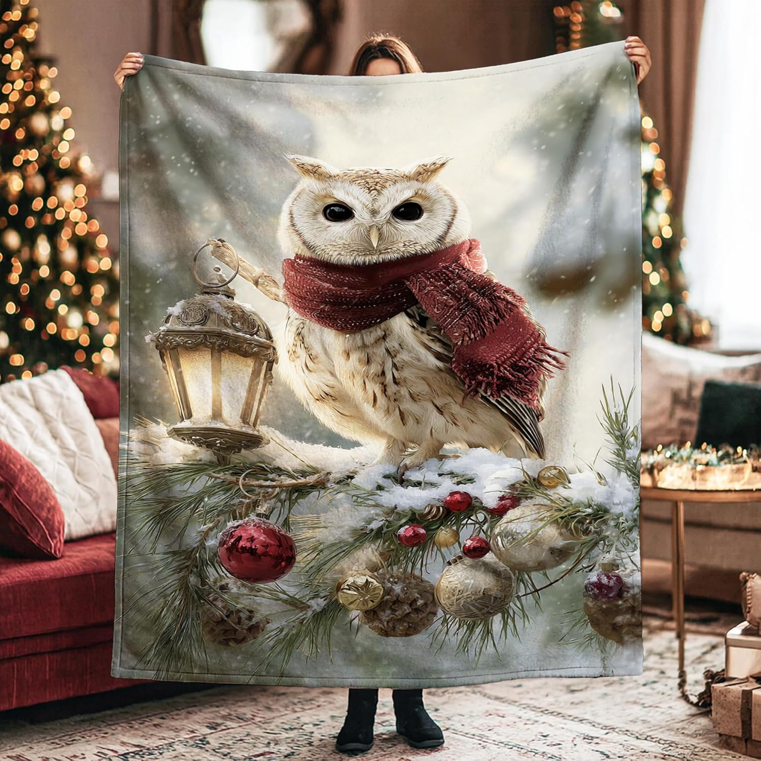 Owl Throw Blanket, Winter Festive Lantern Christmas Ornaments Christmas White Furry Fuzzy Blankets Cozy Lightweight Decorative for Couch Sofa Bed Living Room Office Lap 60x80 Inch