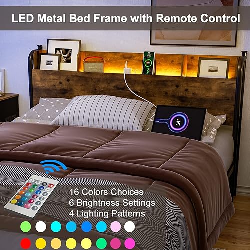 Miniatura 3 de Base de cama Queen con luces LED y estación de carga, cama de plataforma Queen con cabecera de estante de almacenamiento, soporte de listones de