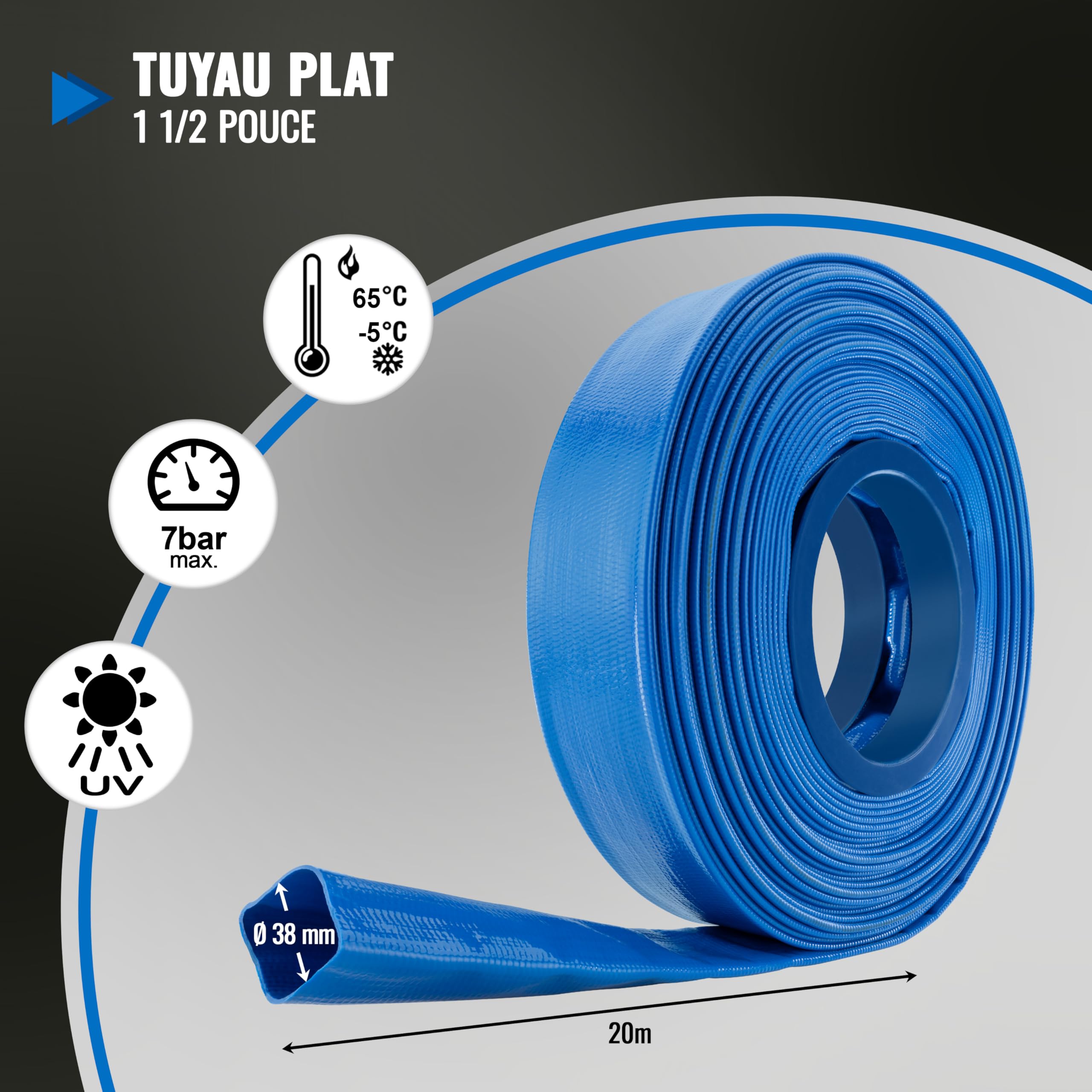 Poppstar Tuyau Plat en PVC 20m, Ø 38mm (1 1/2 pouce), Pression 7 bar, Tuyau de Construction, Bleu