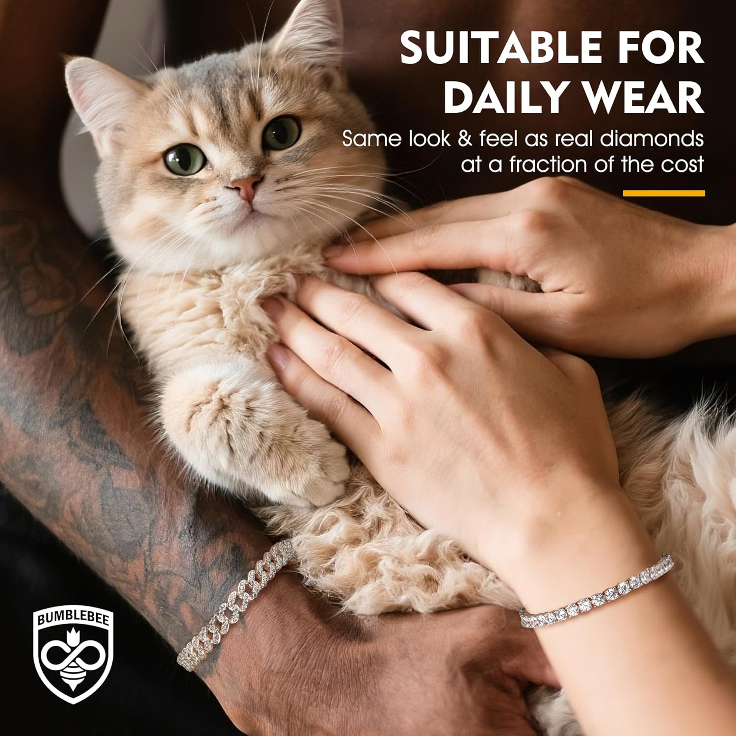 BUMBLEBEE Handmade Tennis Bracelet for Women, 14K Gold Plated, 12.96 CTTW Italian 5A Cubic Zirconia, Hypoallergenic, Adjustable 6–7.5 Inch Jewelry Gift Anniversary, Birthday, Valentine’s Day