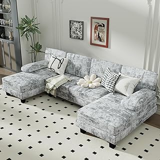 Sofa Set Couch 280cm 4 Seat Large Sofa Set with Linen Fabric Overstuffed U-Shaped Sofa Couch with Double Chaise for Apartment Living Room (Grey