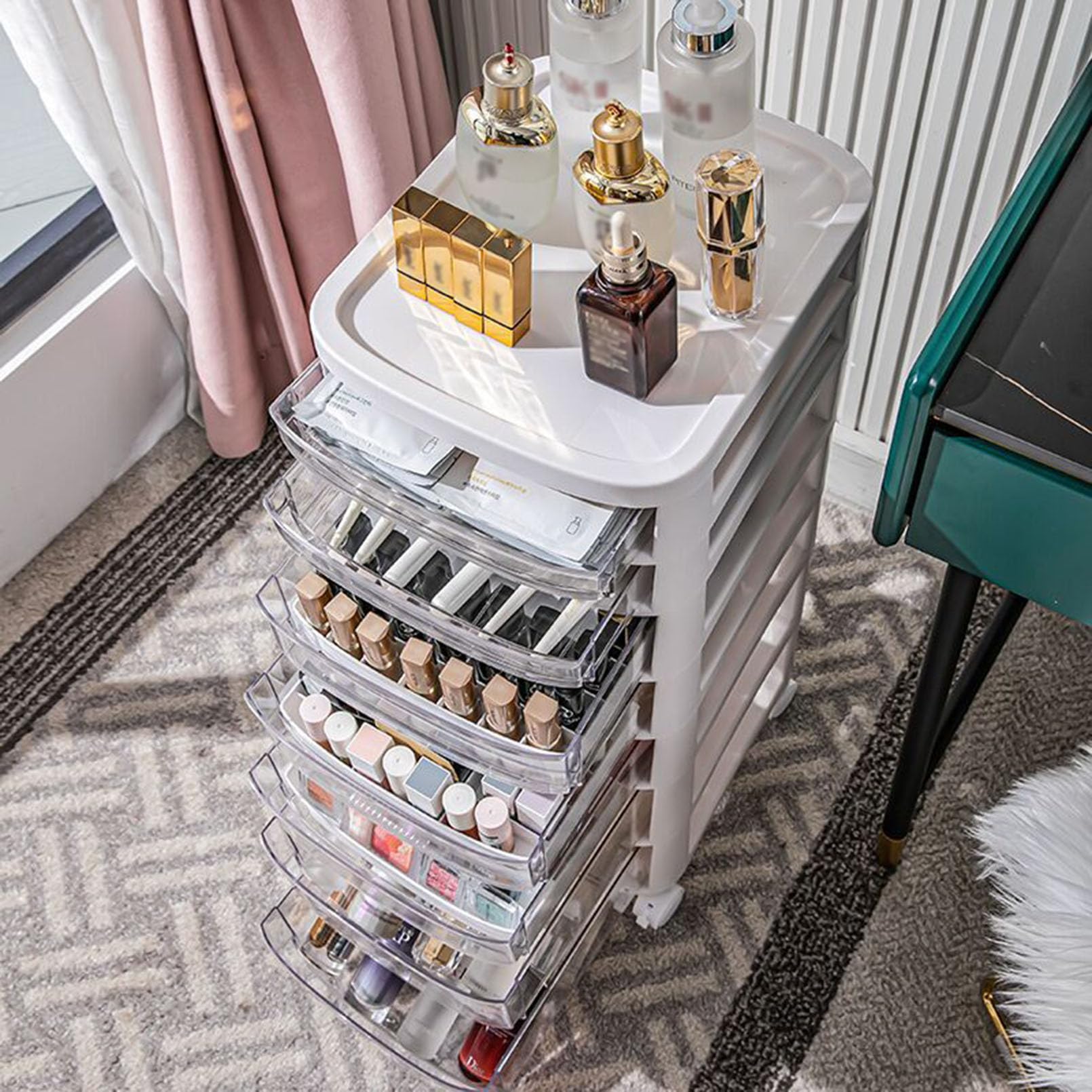 Mehrschichtige Kosmetik mit Schubladen und Rollen, freistehend, hoher Aufbewahrungsschrank für Badezimmer, Wohnzimmer, Schlafzimmer, Make-up und Zubehör