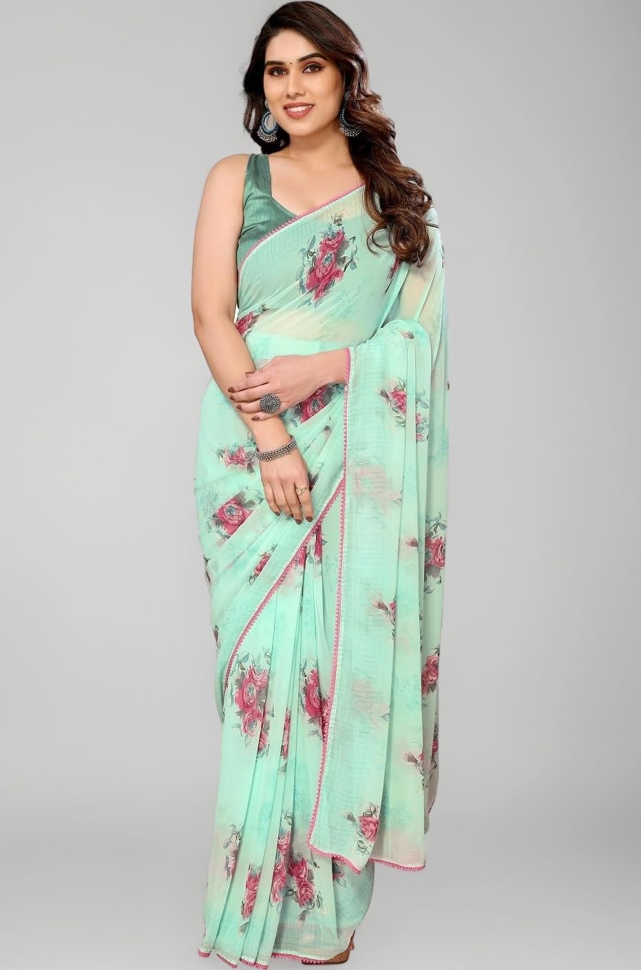 RAJESHWAR FASHION WITH RF Women's Printed Georgette Sarees For Ladies & College Girls Farewell With Lace Border & Blouse