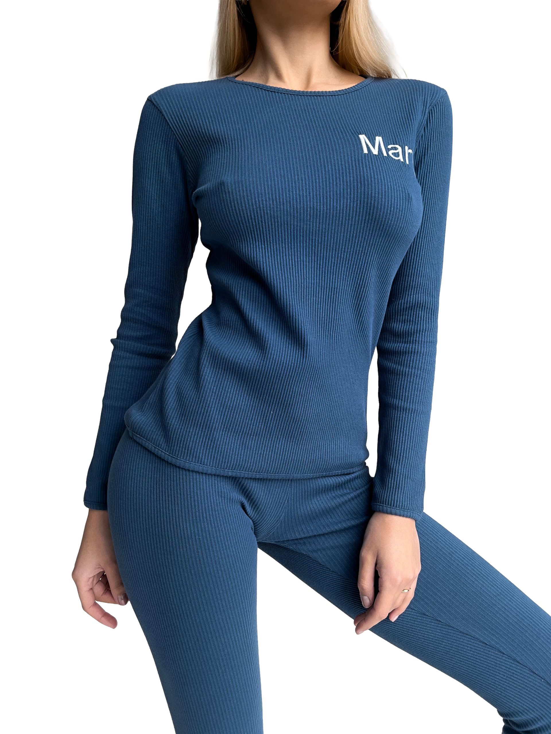 Dreambuy Women's Midnight Blue Personalised Anytext Pyjamas Set Pyjamas Long Sleeve Cotton Sleepwear Pjs Loungewear Sets (Uk, Alpha, L, Regular, Regular, )