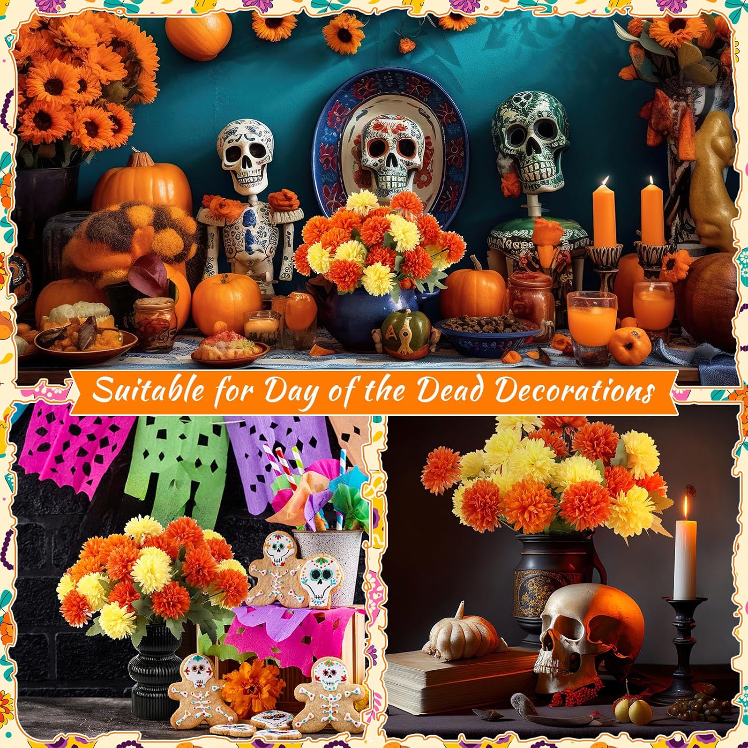 Suncalla 10 Bundles Artificial Marigold Flower Faux Chrysanthemum Flower Fake Silk Fall Ball Florals Bouquet for Autumn Day of The Dead Home Decor Indoor Arrangement Table Centerpiece (Orange, Yellow)