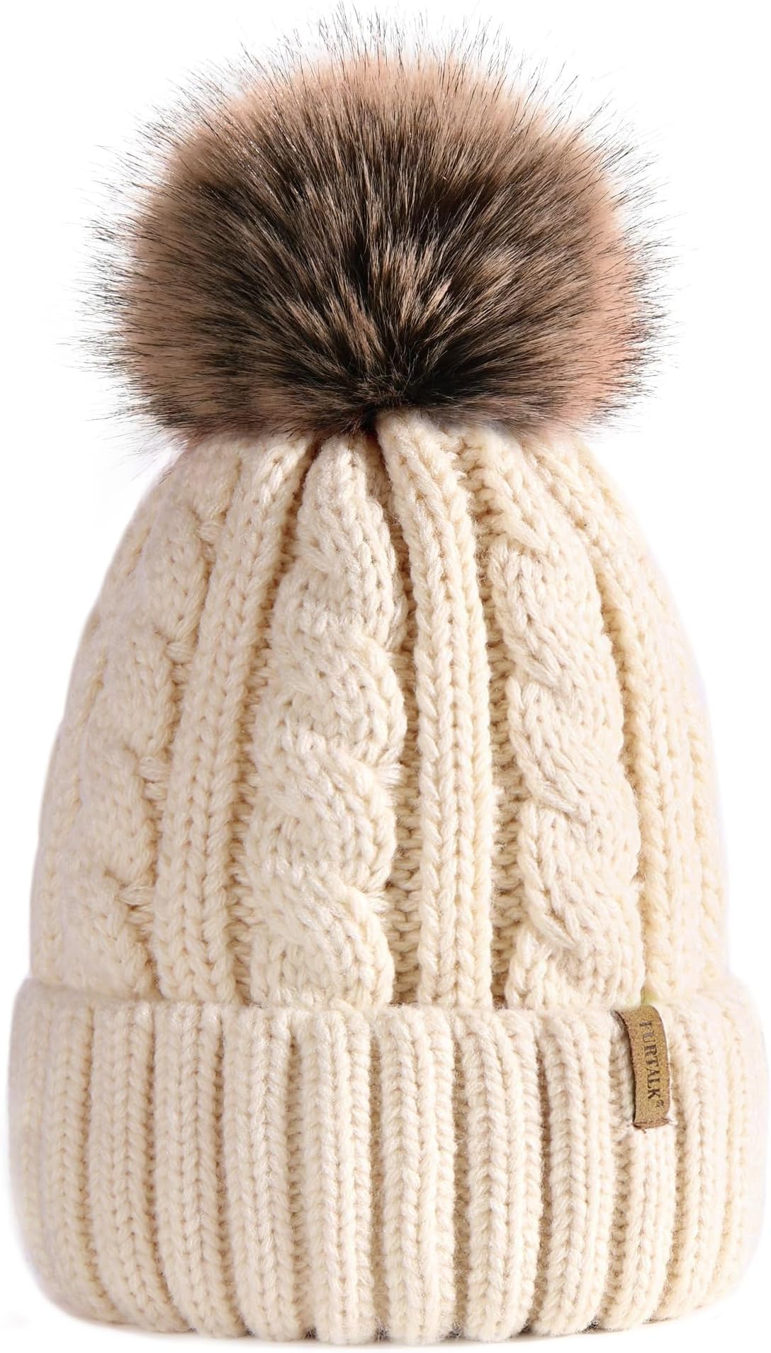 Winter Beanie Knit Hat for Women Warm Fleece Lined with Faux Fur Pom Poms Womens Thick Ski Hats Knitted Skull Cap