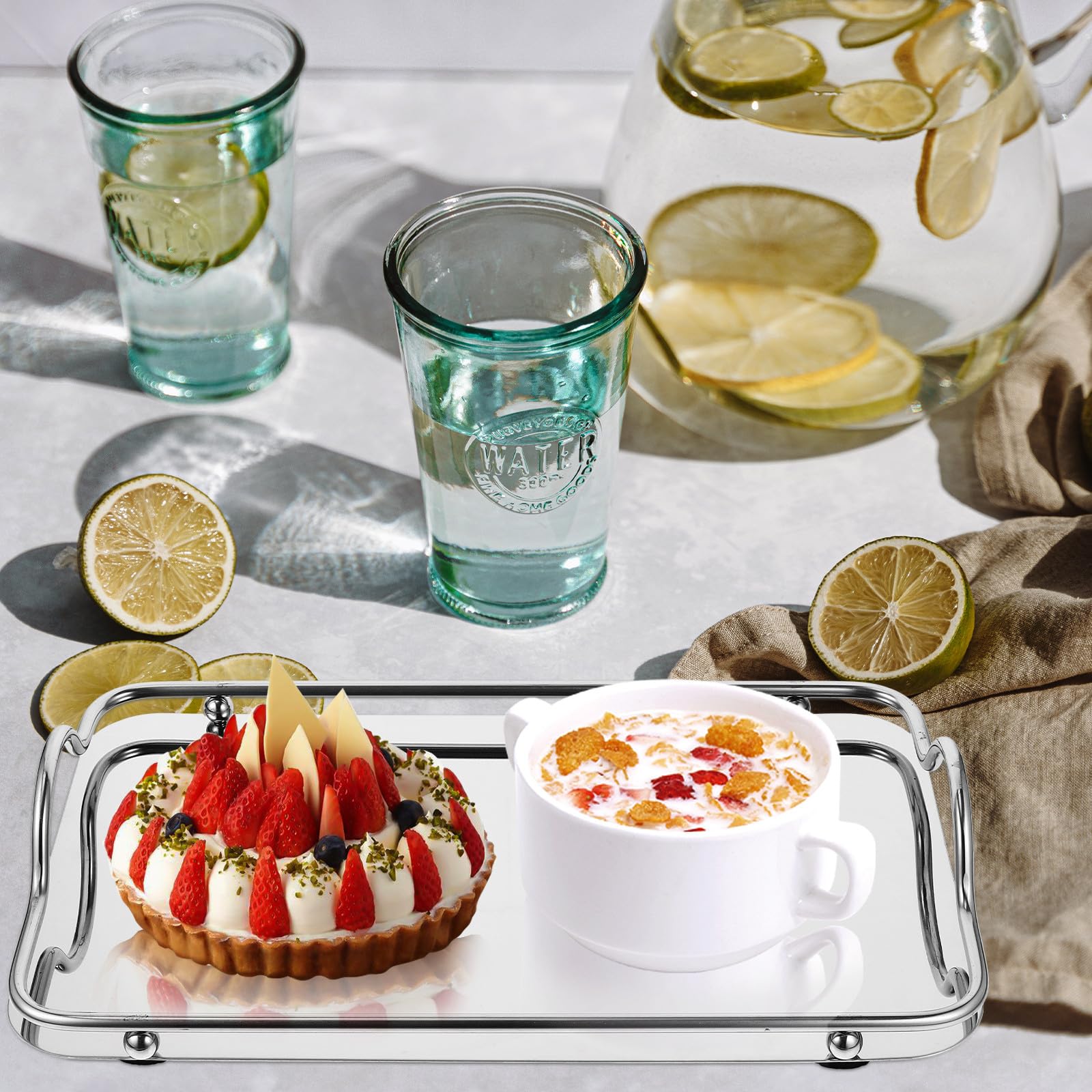 Bandeja de café de acero inoxidable brillante con asas, diseño rectangular portátil para sala de estar y uso diario en el hogar, ideal para entretener y servir a los invitados
