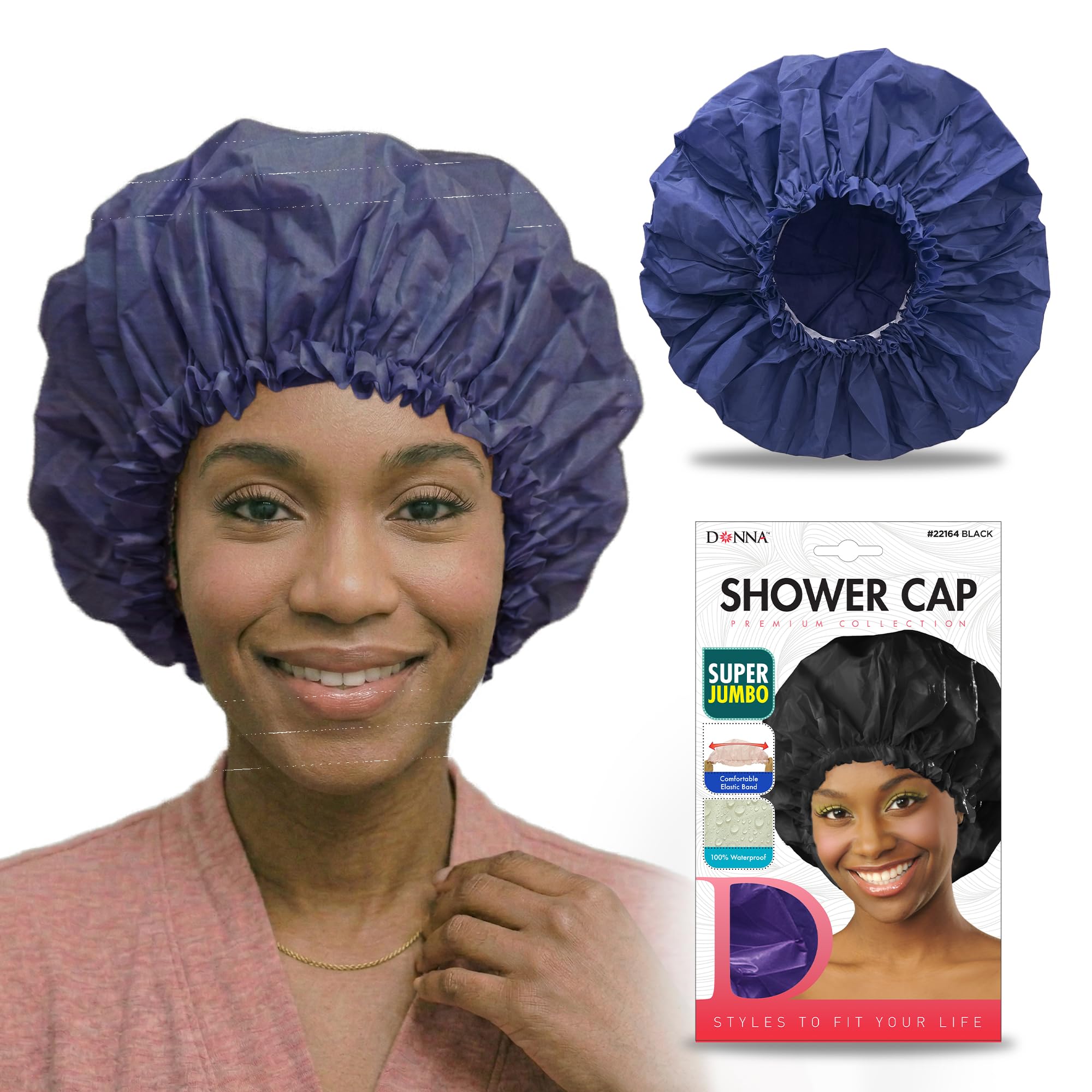 DONNA Super Jumbo Shower Cap – Comfortable Elastic Band, 100% Waterproof Hair Cap for Long Hair, Braids & Thick Styles, Reusable Big Shower Cap for