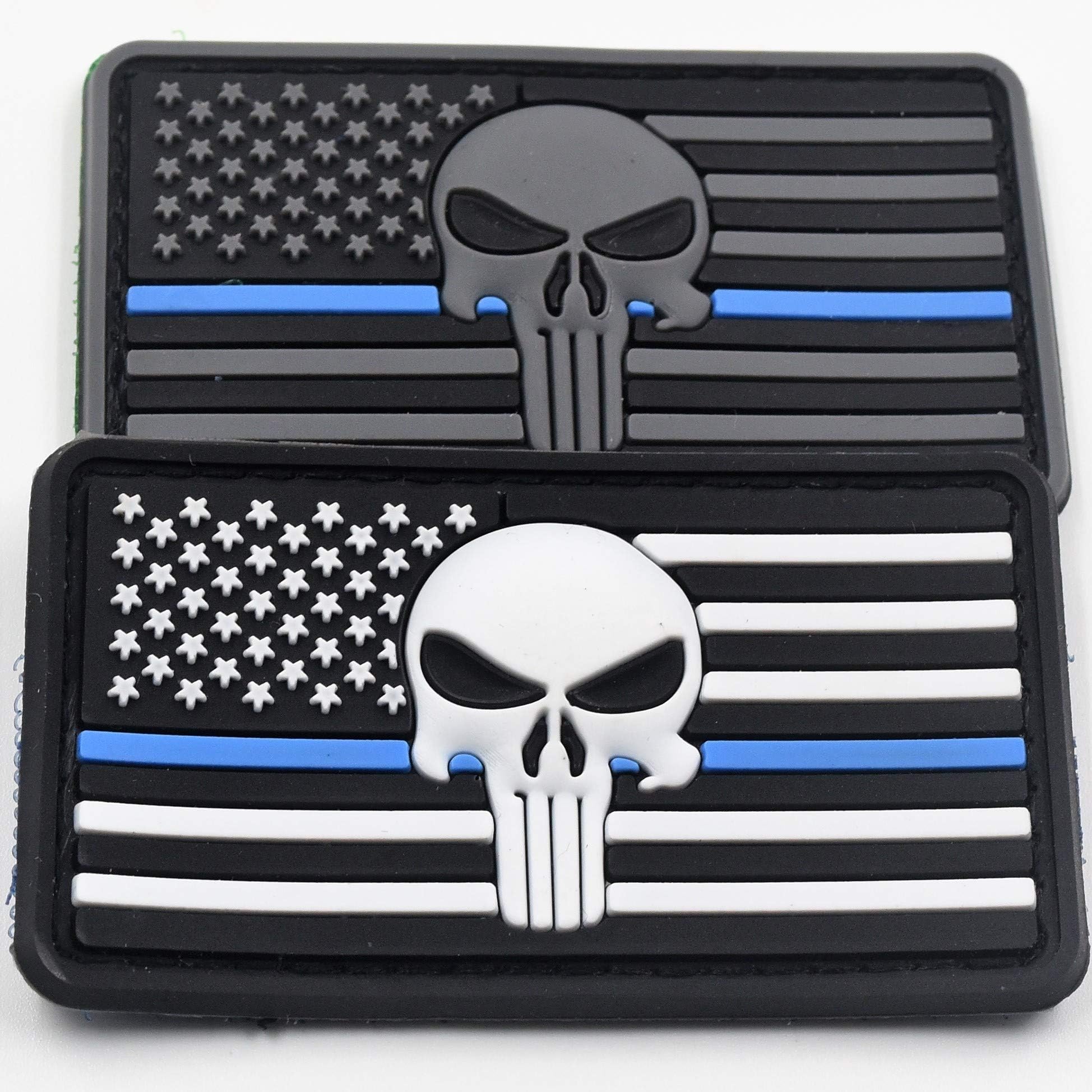 Tactical Hat/Cap Accessory – Thin Blue Line Police "Punisher" Hook & Loop Morale Patch – PVC – (2-Pack)