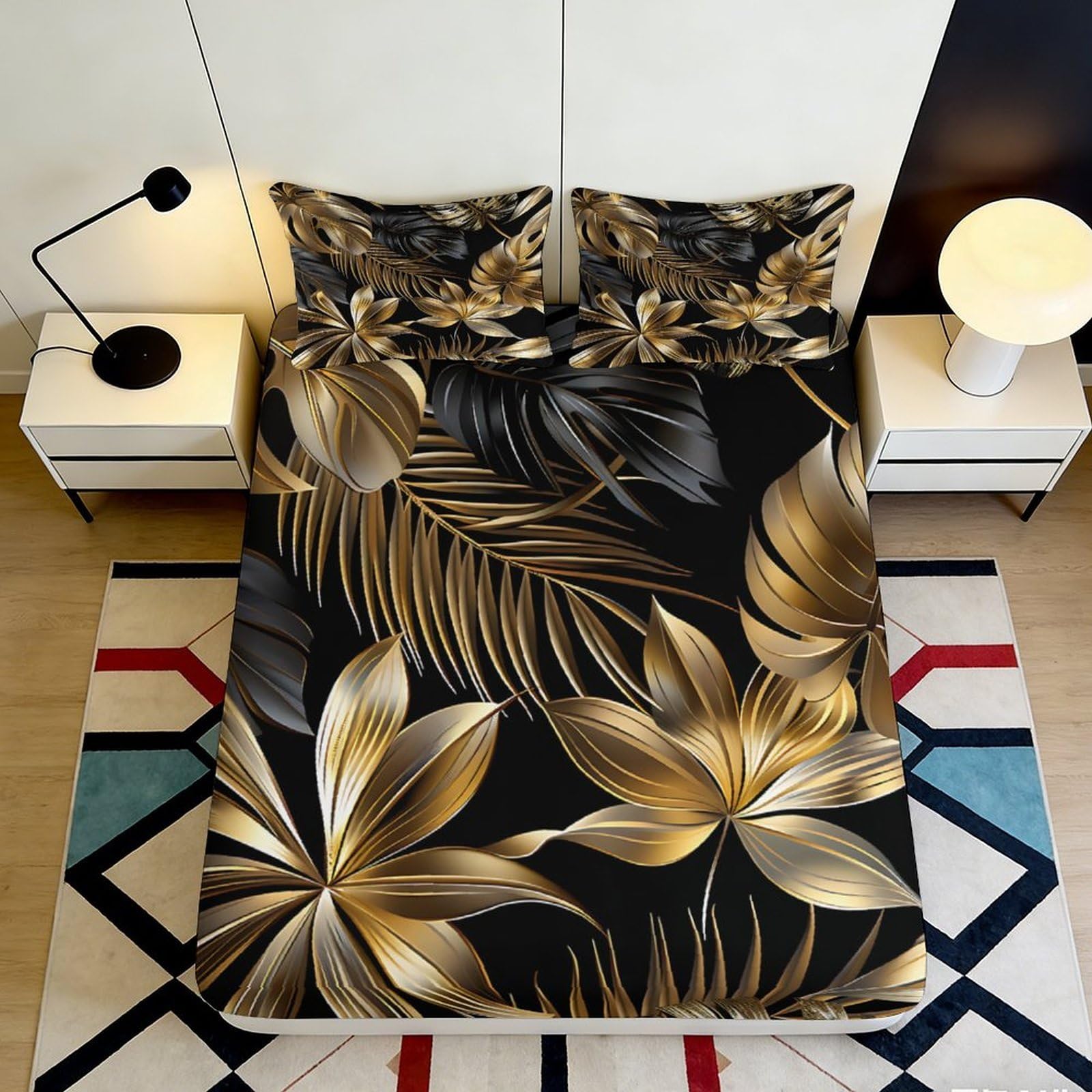 3D Printed Golden Leaves Fitted Sheet Microfiber Soft Durable Black Tropical Bed Cover for Bedroom Dorm Dormitory Guest Room Mattress Protection 180x200x25cm