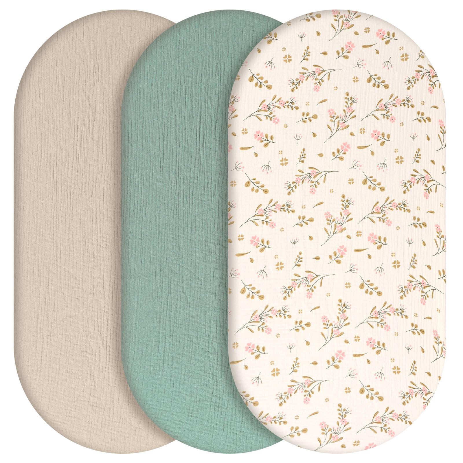 3 Stück Baby-Bettlaken, 83 × 43 cm, Universelle Spannbettlaken für Kinderwagen, 100% Musselin-Baumwolle, Baby Spannbettlaken, Reisebett Spannlaken Beistellbett Leintücher (Rosa Blume)