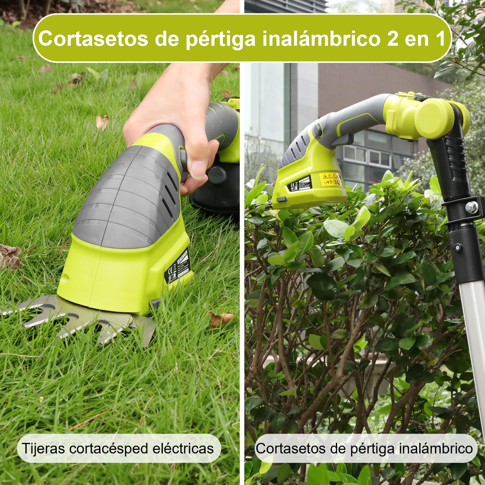 DEWINNER Tijera de Podar 3 en 1 Telescópica con Motosierra Eléctrica - Interruptor de Seguridad, Alcance de 2.54 Metros, Hojas de 240 mm Y 120 mm, Cabeza Ajustable 135°