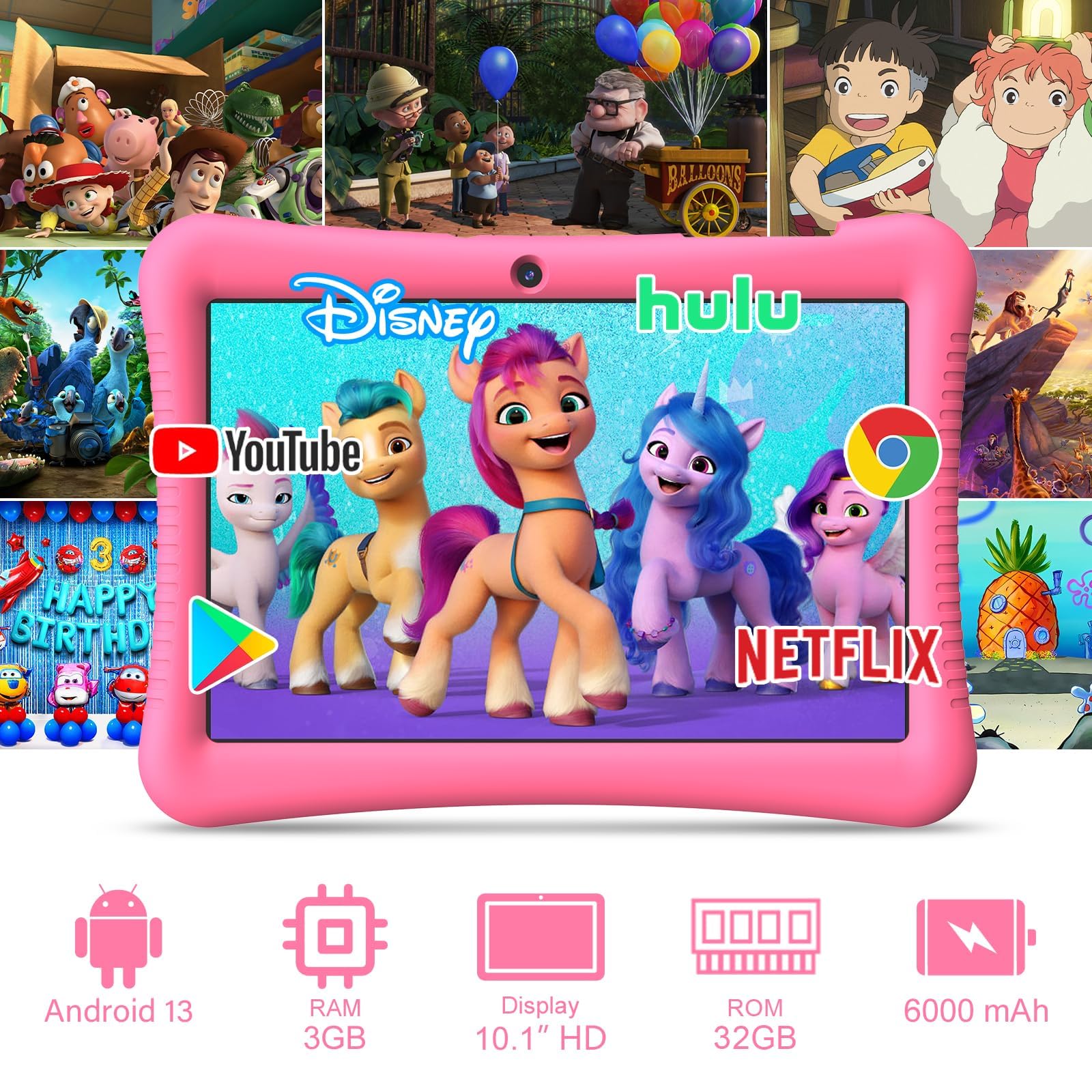 EagleSoar Tablet Bambini 10 Pollici Android 13 Tablet per Bambini Quad Core 3GB RAM 32GB ROM 6000mAh WiFi Bluetooth Controllo Parentale Apprendimento Educazione PC con Custodia (Rosa)