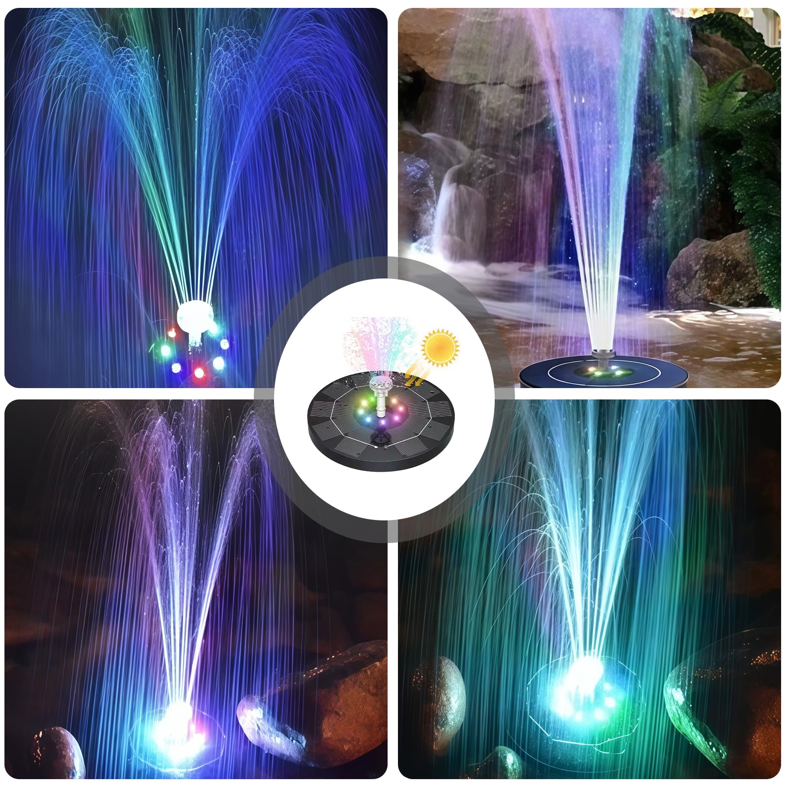 Fontana solare da 3,5 W, per esterni, a LED, rotonda, con 6 ugelli, fontana solare colorata integrata da 3000 mAh, pompa per fontana galleggiante a energia solare, per il bagno degli uccelli, gioco