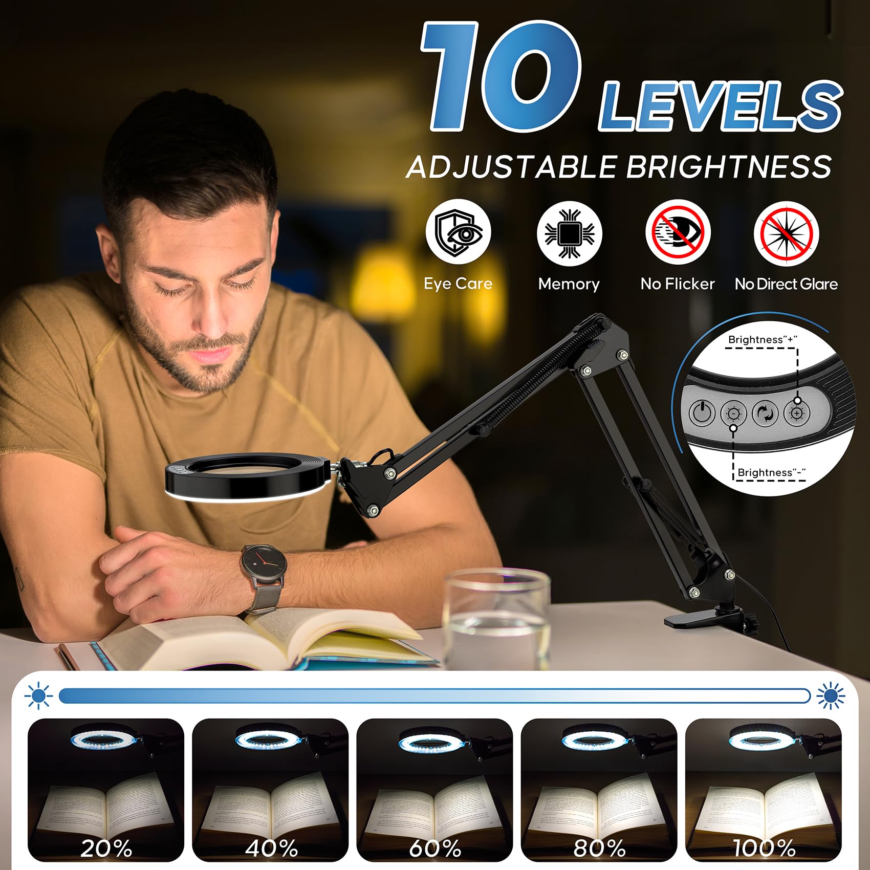 Lupa de 10 aumentos con luz y soporte, lupa portátil con luz, bolsa de terciopelo, 5 modos de color, lámpara LED 2 en 1, lupa para pasatiempos de trabajo cercanos