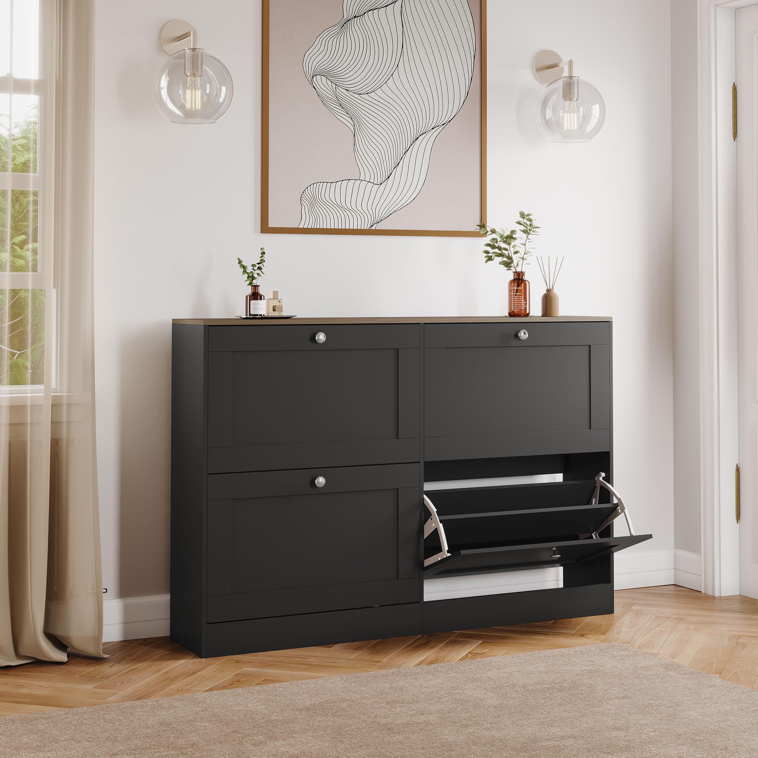 Altino 4 Drawer Shoe Cabinet | Black & Oak | Space-Saving Storage for 20+ Pairs | 80H x 105W x 23.5D cm | Anti-Tip | Modern Hallway Unit