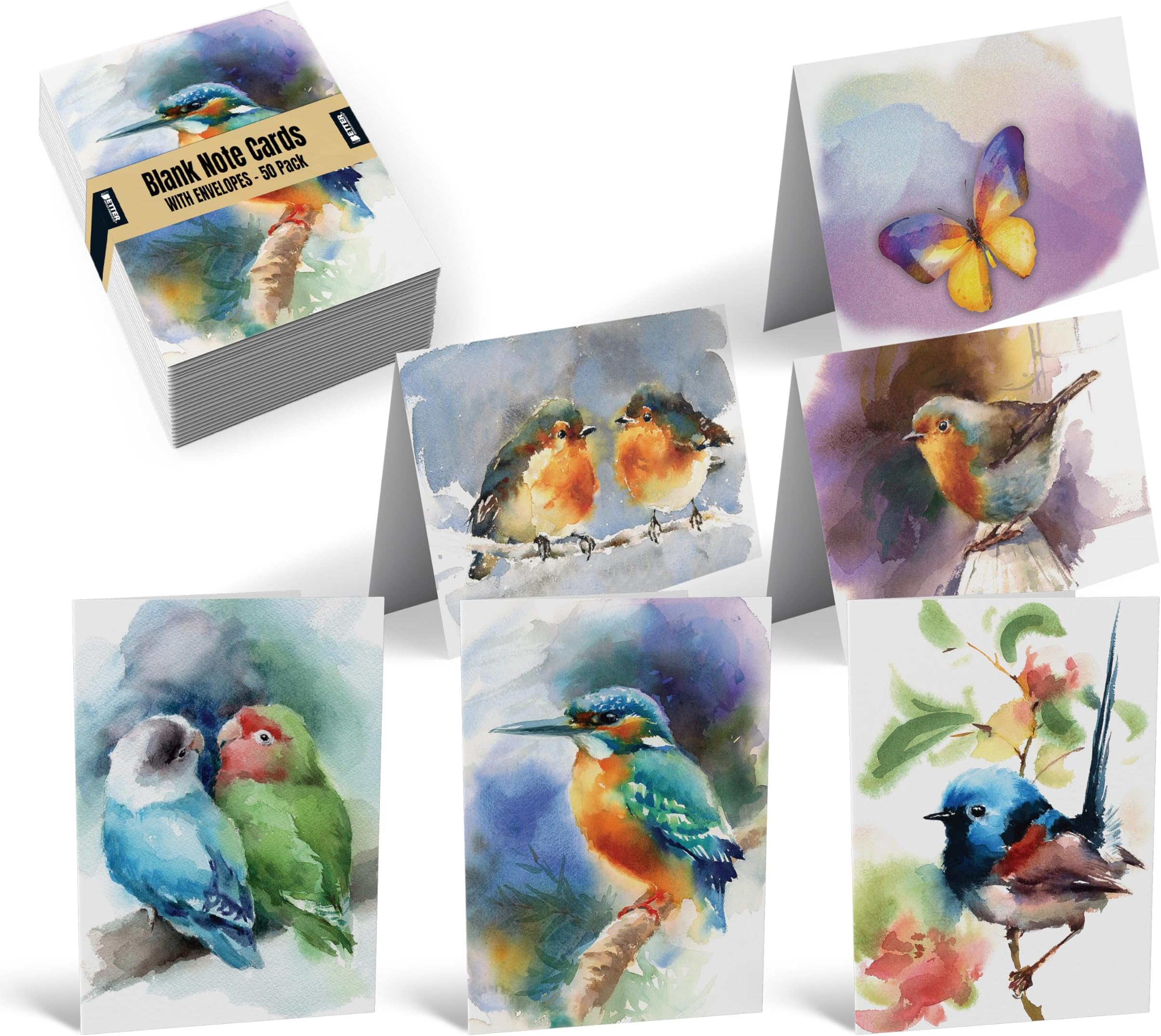 50-Pack All Occasion Greeting Cards Box Set, 4 x 6 inch, 50 Assorted Blank Note Cards & 50 Envelopes, 6 Butterfly & Birds Designs, Blank Inside, 50 Pack