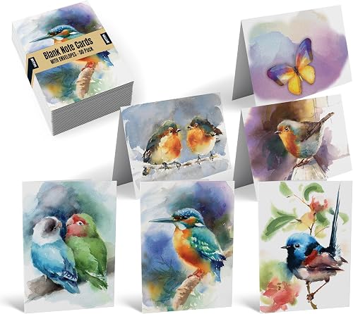 Better Office Products 50-Pack All Occasion Greeting Cards Box Set, 4 x 6 inch, 50 Assorted Blank Note Cards & 50 Envelopes, 6 Butterfly & Birds Designs, Blank Inside, 50 Pack