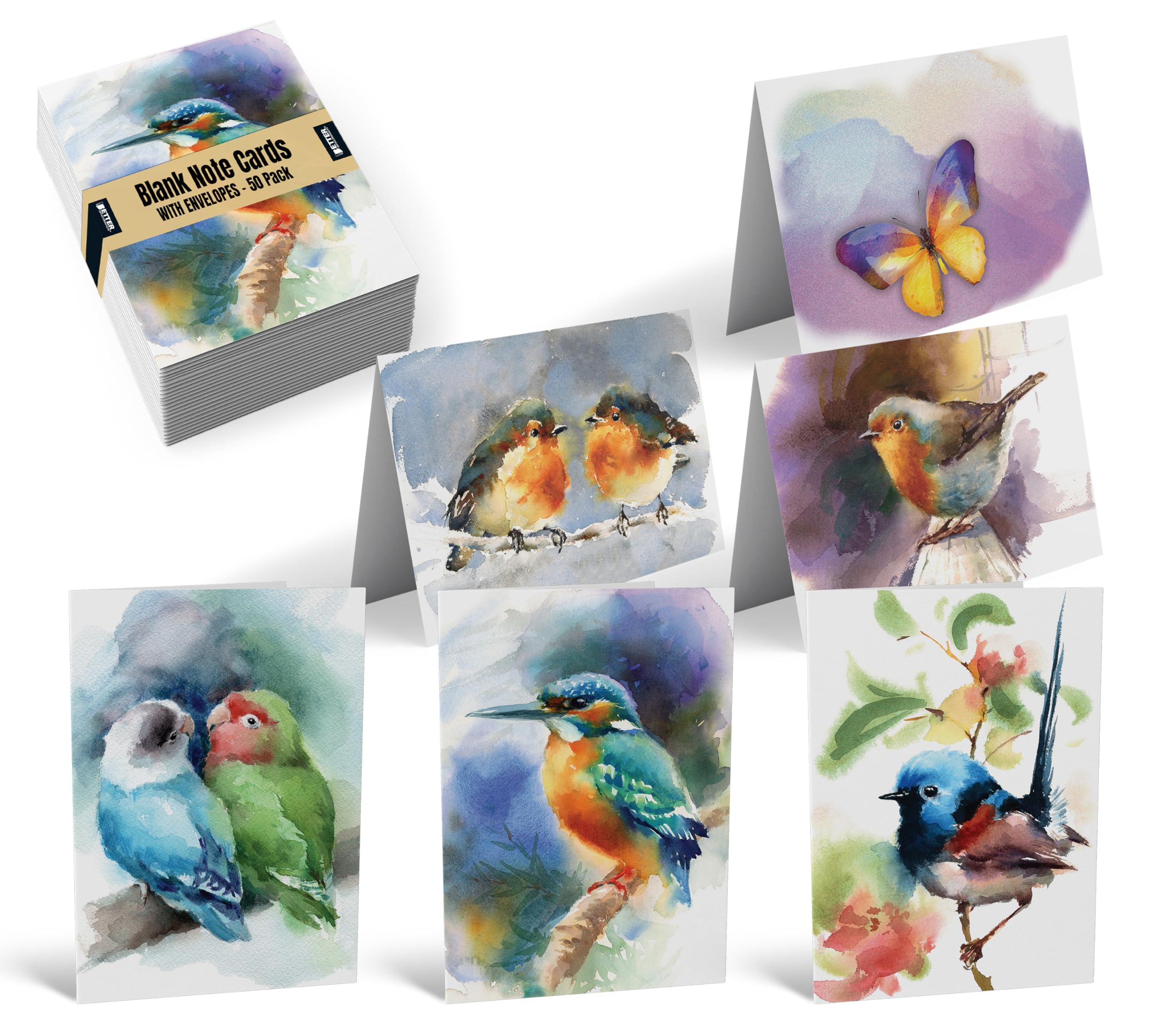 Better Office Products 50-Pack All Occasion Greeting Cards Box Set, 4 x 6 inch, 50 Assorted Blank Note Cards & 50 Envelopes, 6 Butterfly & Birds Designs, Blank Inside, 50 Pack