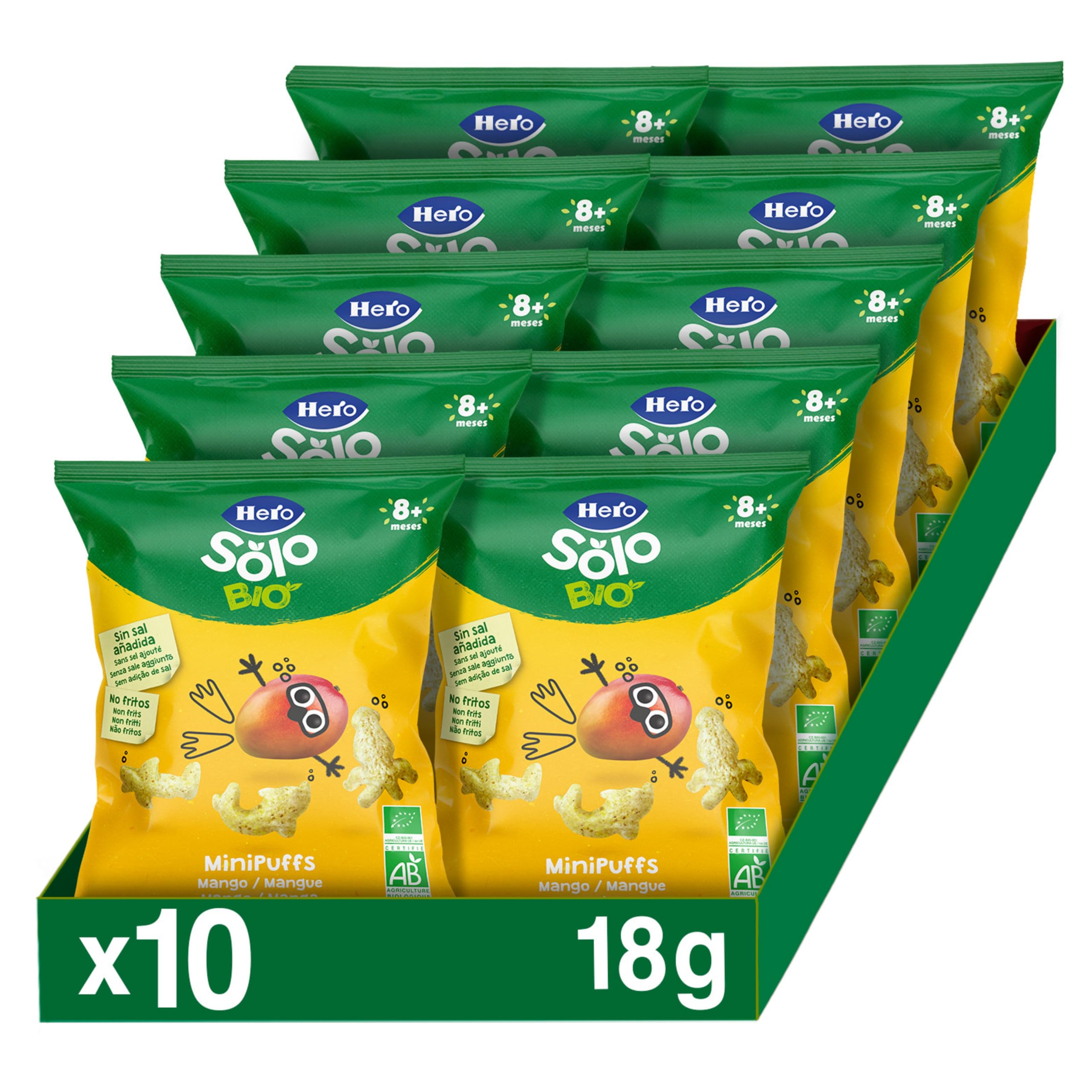 Hero Solo - Minipuff Snack de Mango, 100% ECO, BIO, con Ingredientes de Agricultura Ecológica y UE, No Fritos, Sin Azúcares Añadidos, Apto para Bebés a Partir de 8 Meses - Pack de 10 x 18 g