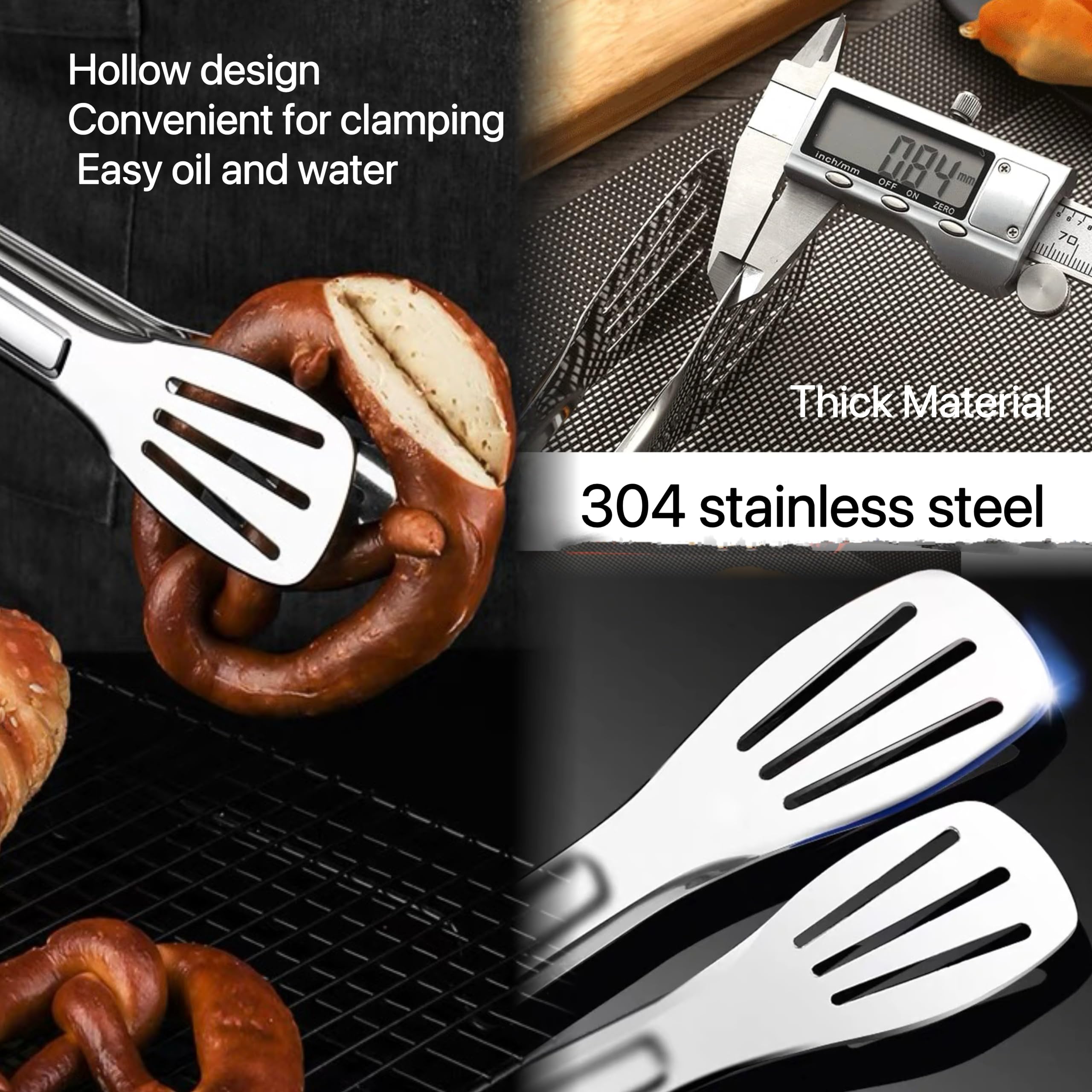 3 pinzas de cocina de acero inoxidable 304, pinzas de cocina multiusos para barbacoa, pinza para pan, abrazadera de carne frita, pescado volteado, pinzas de ensalada de tostadas (mango rojo