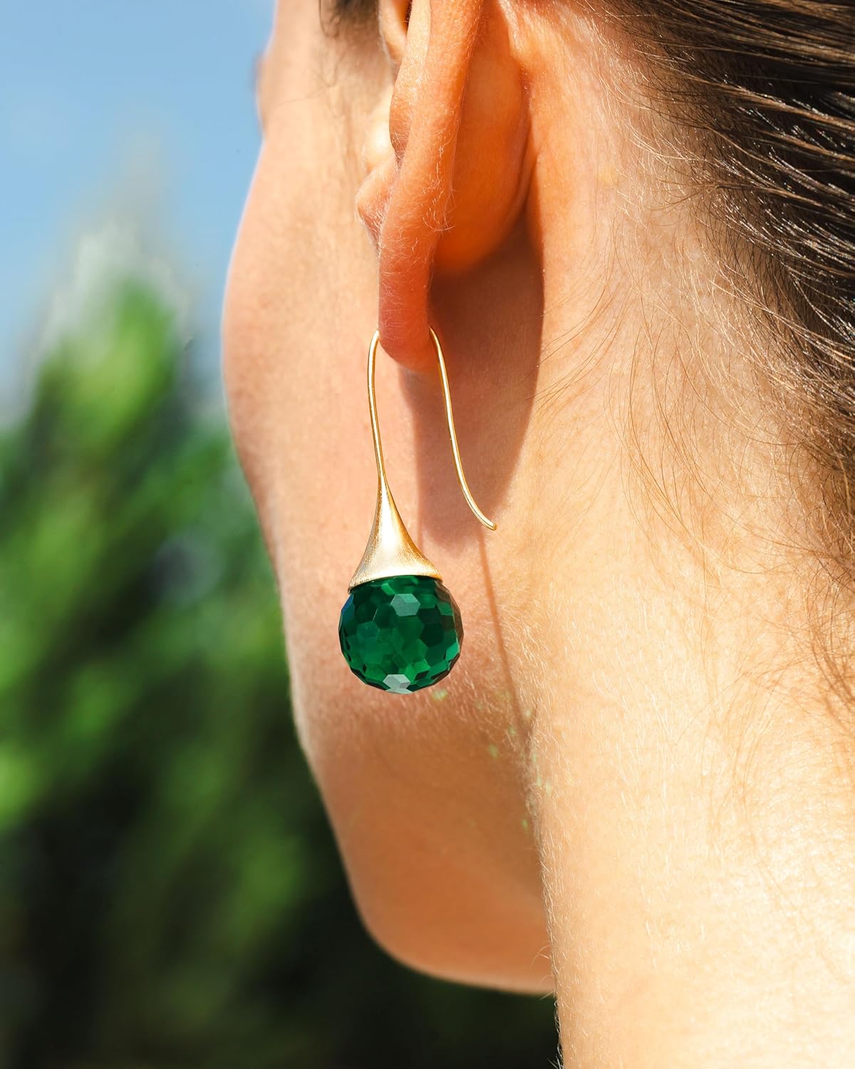 Crystal Teardrop Earrings, Hexagon Cut Faceted Sparkly Austrian Crystal Ball Gemstones, 18k Gold Plated Wire Dangle Earrings for Women