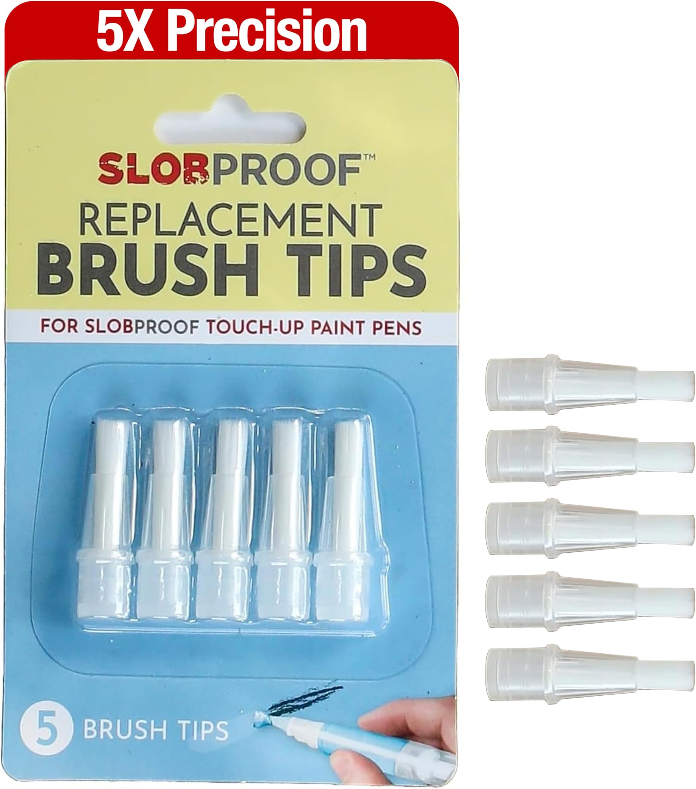 Slobproof Replacement Brush Tips for Refillable Touch-Up Paint Pens, Mess-Free, Easy to Install, Tools for Paint Brushes, DIY Home Improvement, Wall, Furniture Repair, Arts and Crafts, Pack of 5