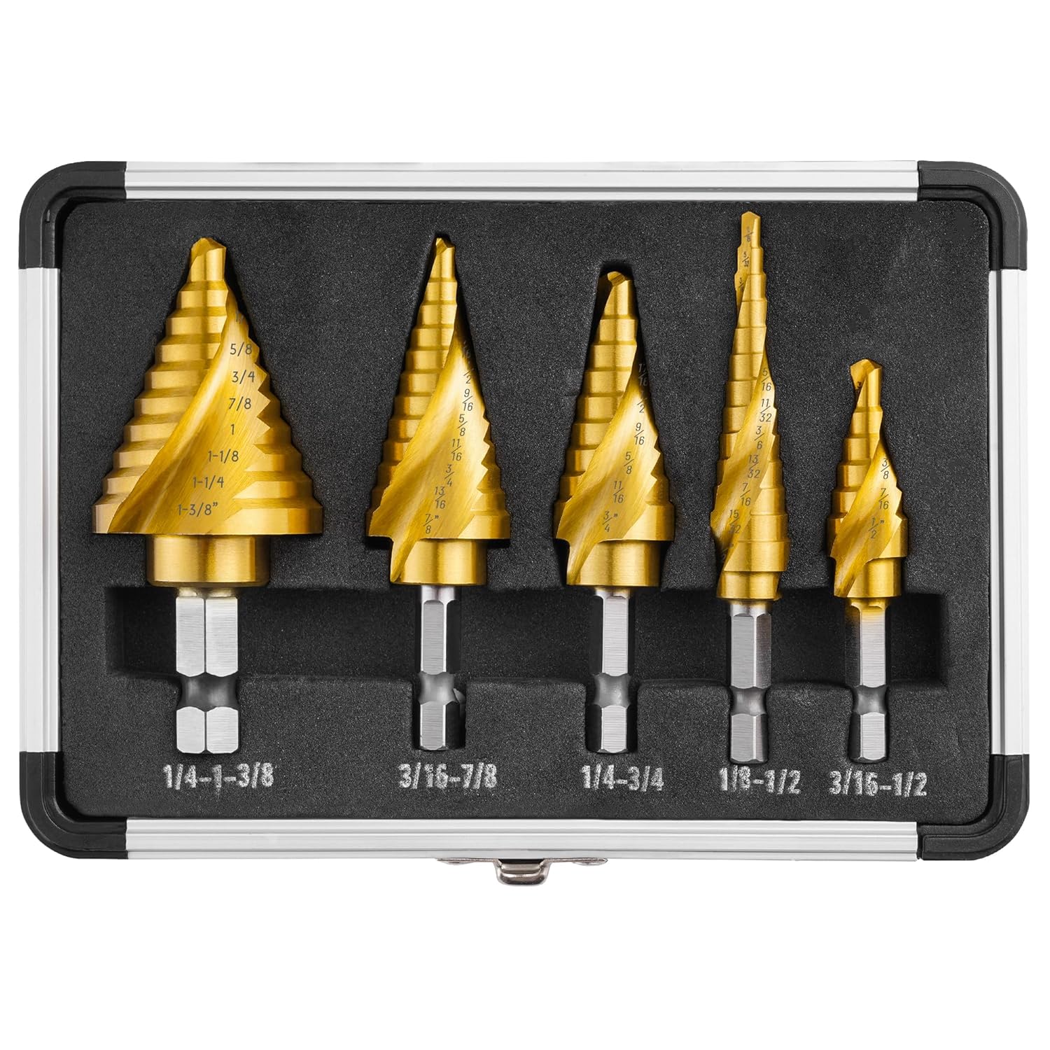 5PCS HSS Titanium Step Drill Bits Set - 50 Sizes Spiral Grooved High Speed Steel Bits for Metal, Plastic with Aluminum Case
