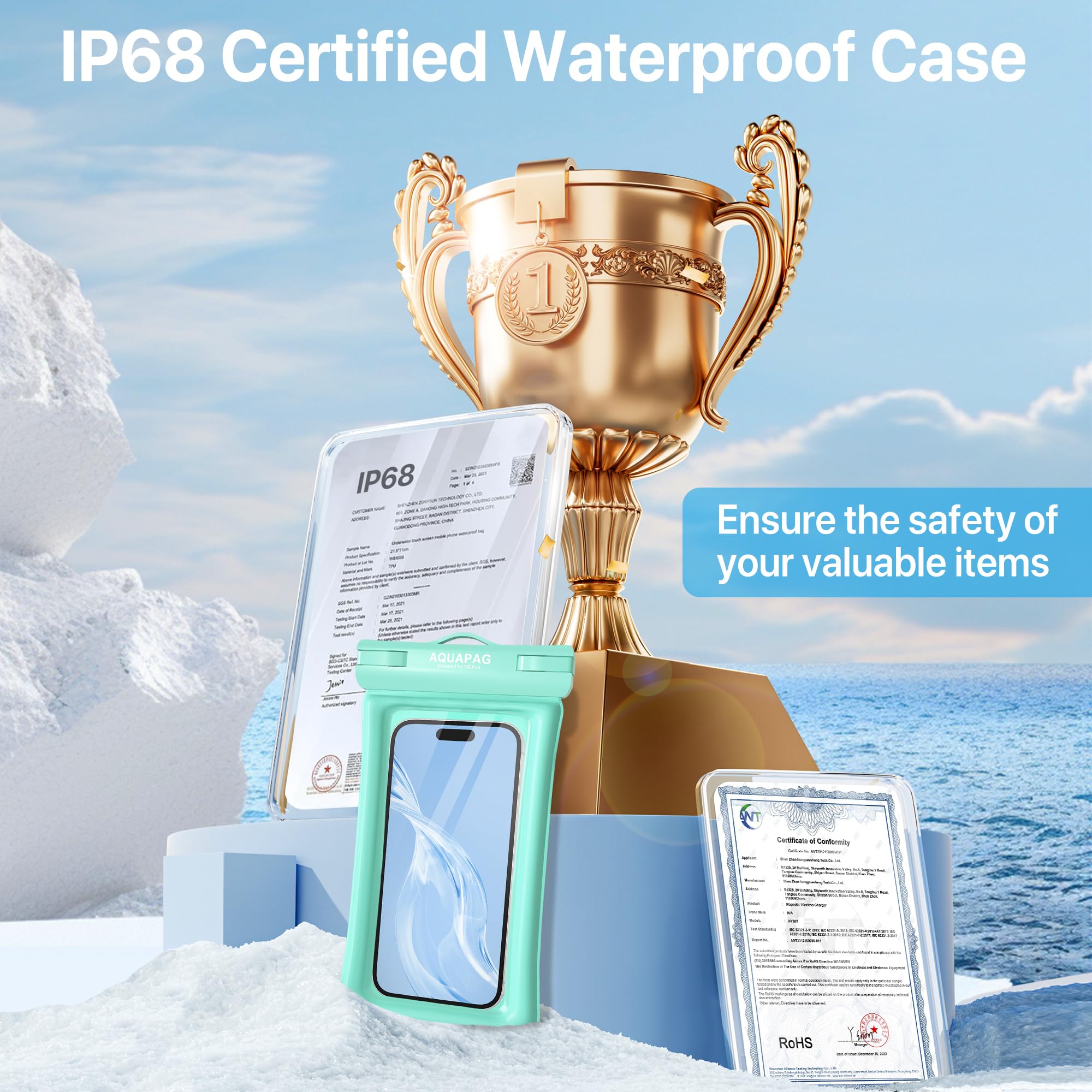 Nephi IP68 Funda Impermeable para teléfono, 2 Piezas, hasta 20 cm, Ajustable con cordón para el Cuello, Funda de teléfono Impermeable Flotante para Vacaciones, Playa, Piscina, artículos Esenciales de
