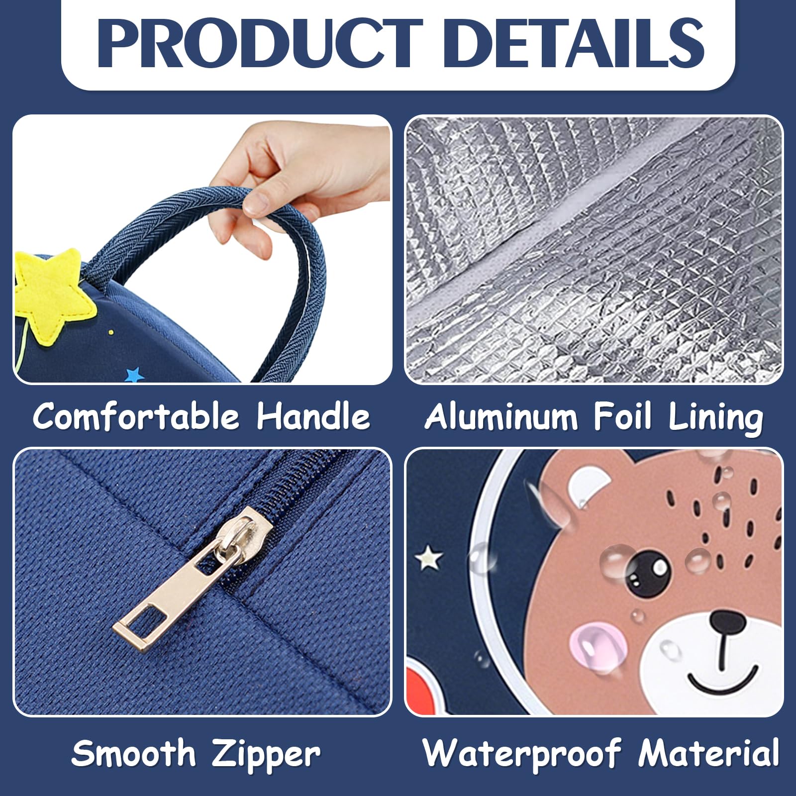 Insulated Reusable Lunch Tote Bags Cartoon Portable Lunch Box for Work Office Picnic Beach Space Bear — view 6