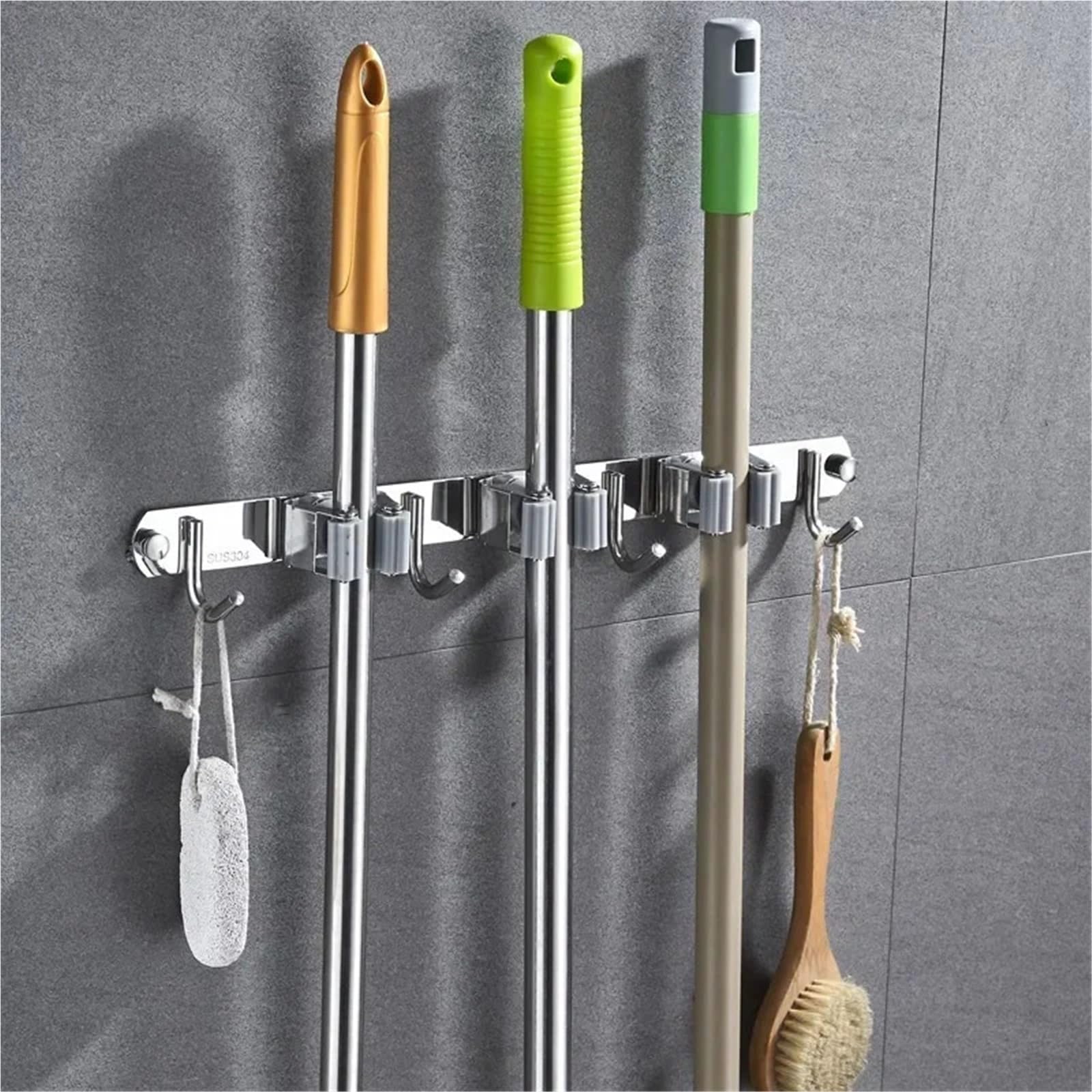 Porta Scope Parete Porta mocio Appendiabiti Mensola Gancio portaoggetti in acciaio inox Cucina Bagno Organizzazione Accessori per cucina(3 Mop 4 hook)