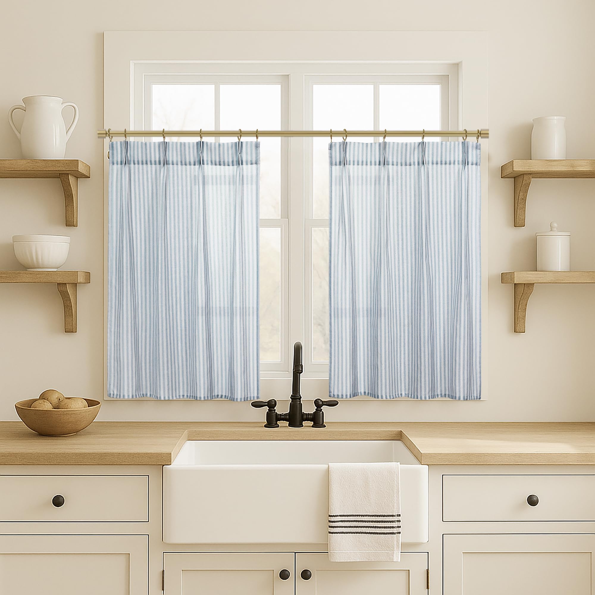 Pinch Pleated Short Cafe Curtains for Kitchen Windows Above Sink,Coastal Vintage Blue Patterned Curtains for Small Window